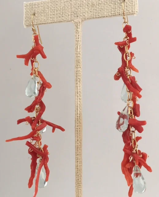 Cascading Coral and Aqua Quartz Earrings