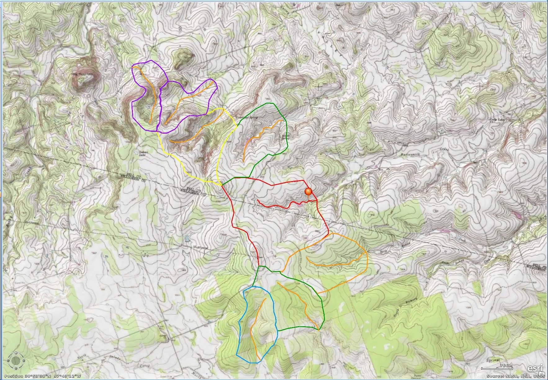 Figure SEQ Figure \* ARABIC
4 : Watersheds of the uppermost 1.7km of streams in the Gault area. The Gault site is marked with a pin. Note the greater stream incision of the northern watersheds.