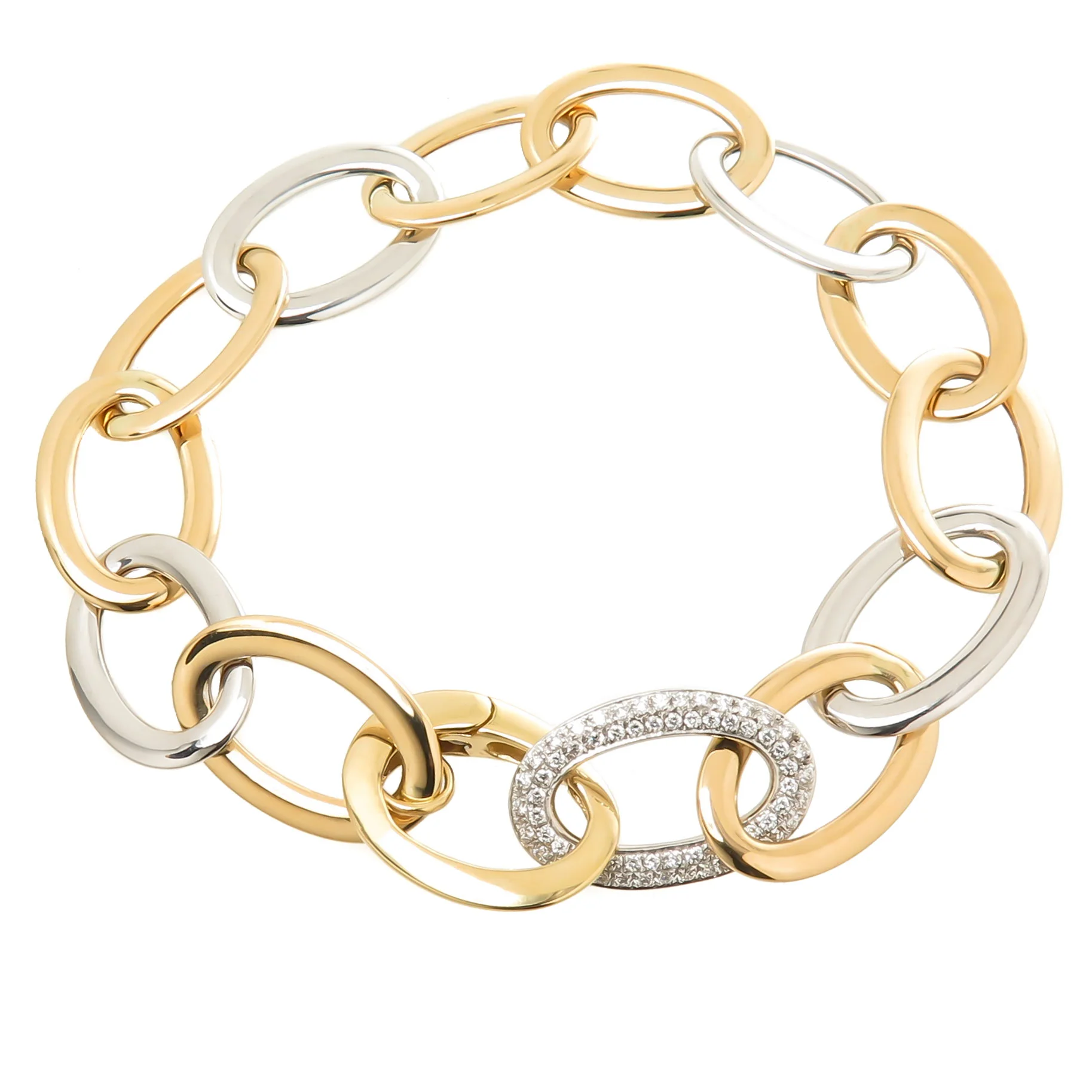 Yellow and White Gold Chain Bracelet with Diamond Pave Link