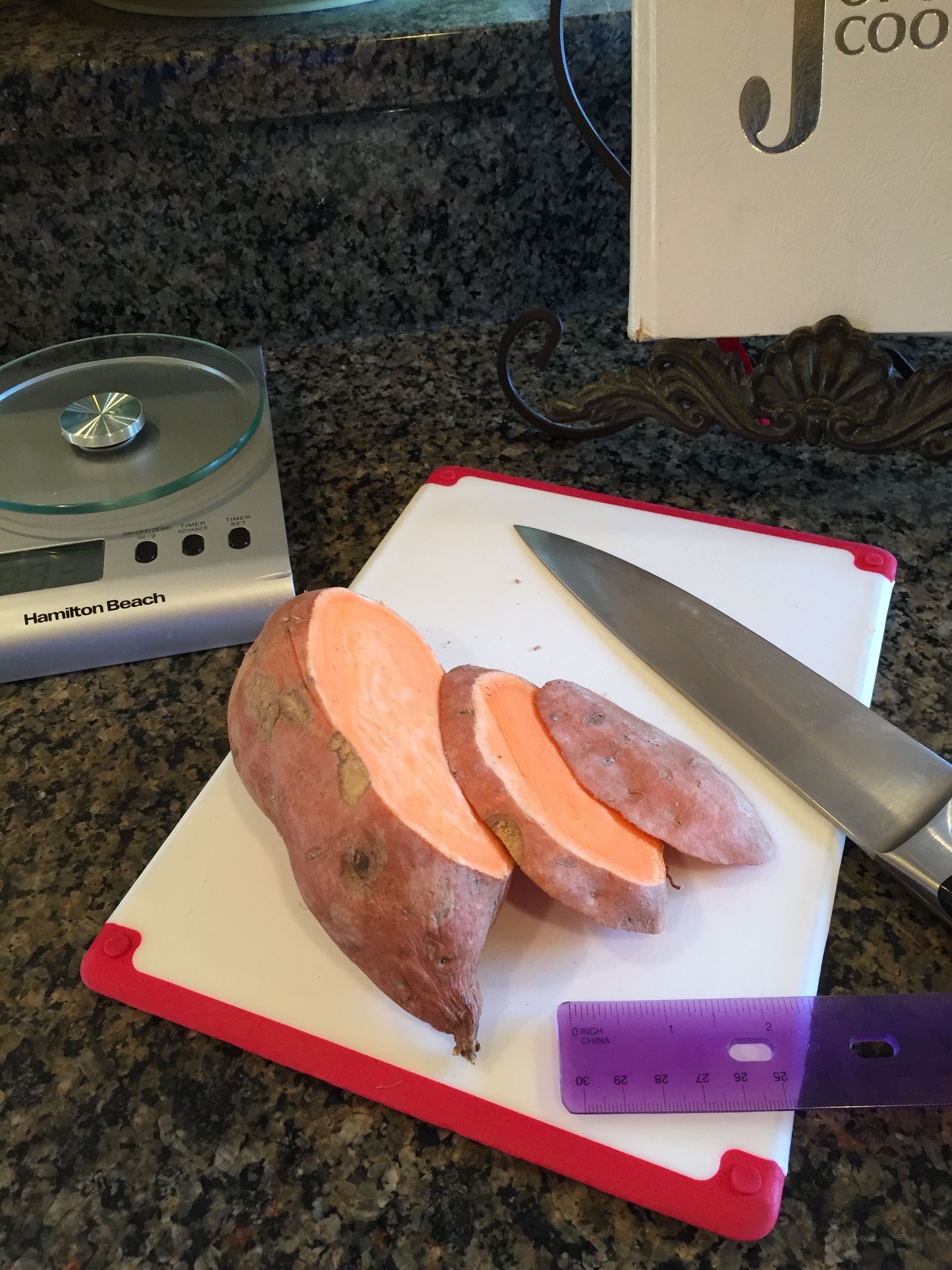Slicing with a very sharp 8-inch chef's knife 