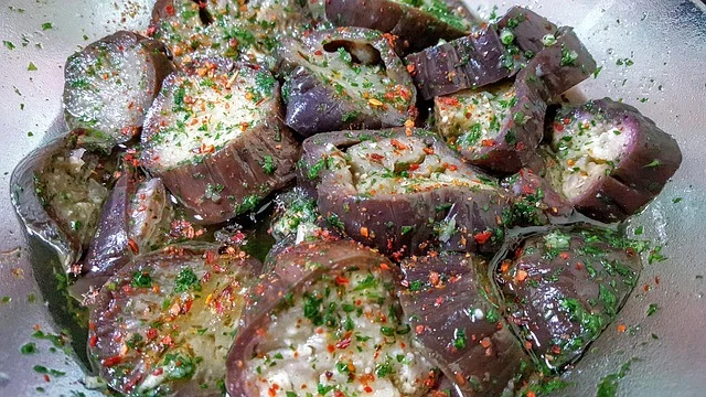 Marinated eggplant with skin on