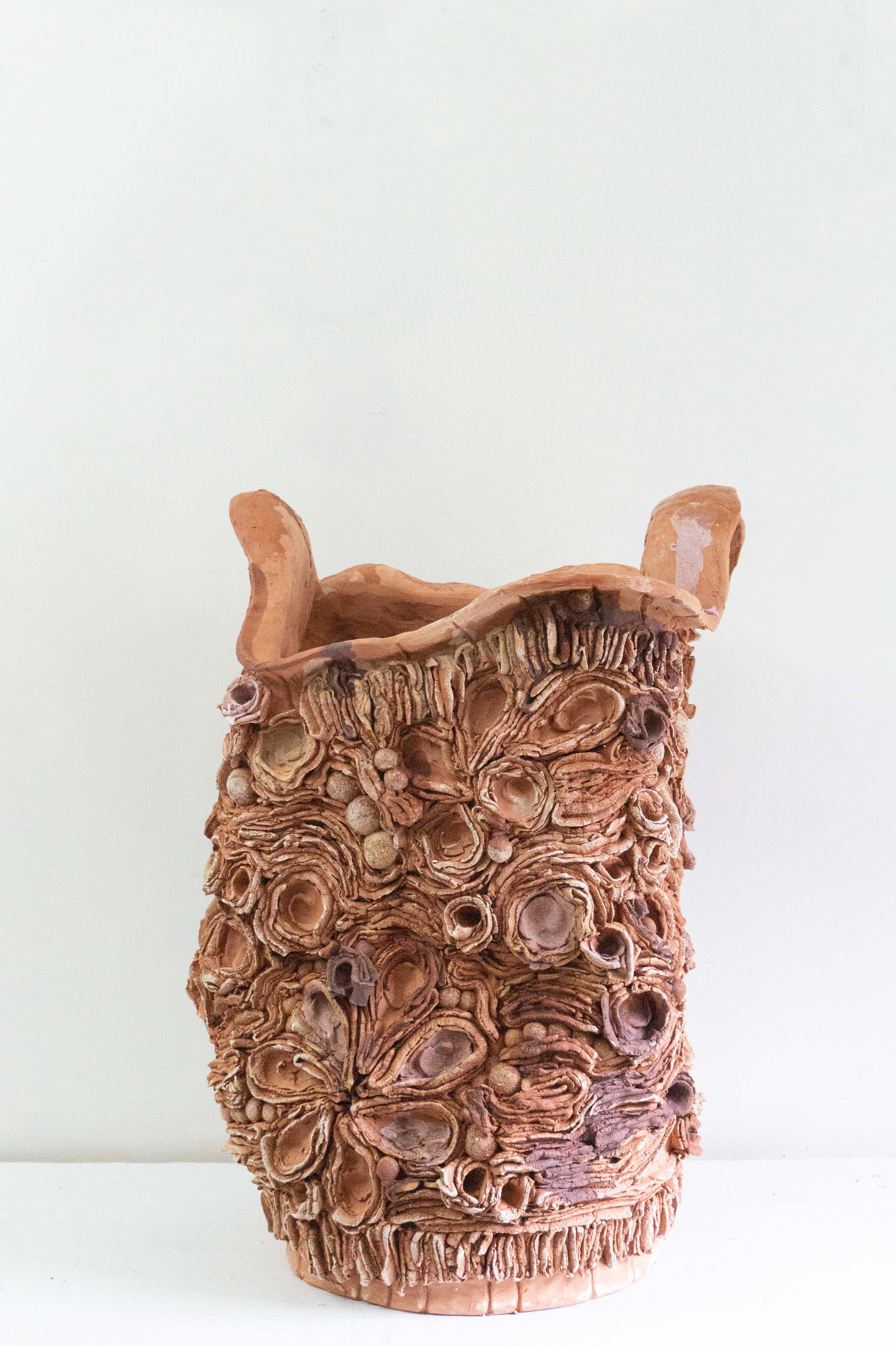  Bucket (Brick), 2022, earthenware, Bay of Fundy sand, oxides, Post-hole slip, wax 17” x 15” x 22”, SOLD 