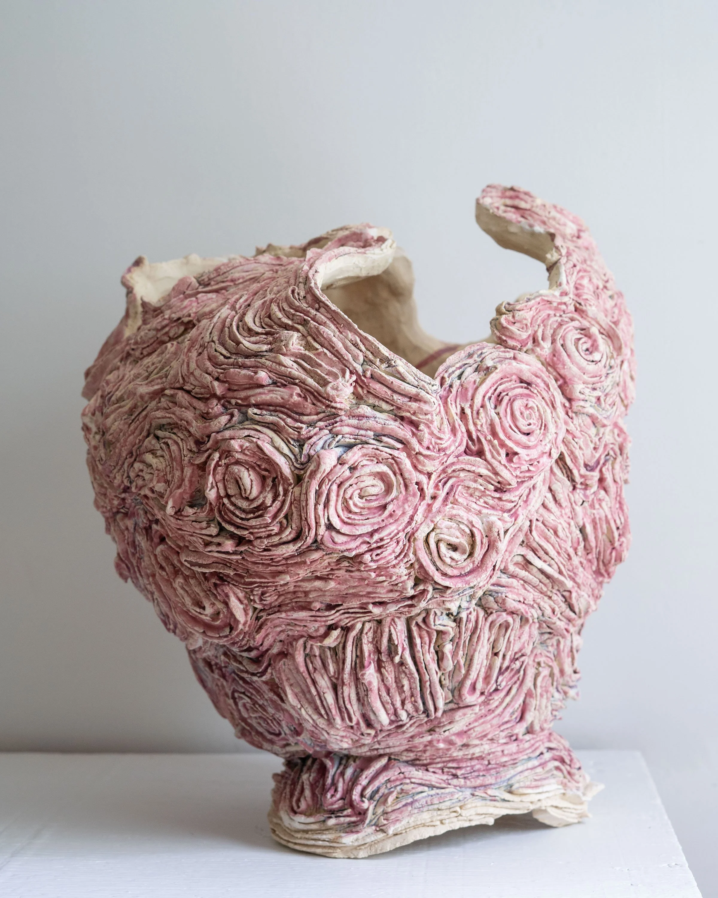 Rose Bud Jar, 2024, stoneware, Lake Ontario sand, mason stain, Friendship Wood Ash blend * Sculptural-dried floral design only, 16”x15”x14” LWH