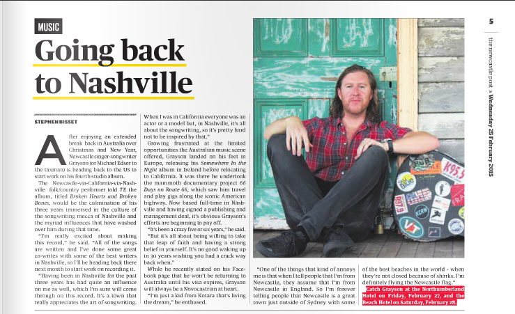 Newcastle Post (Australia) - Going back to Nashville (Feb 25th 2015)