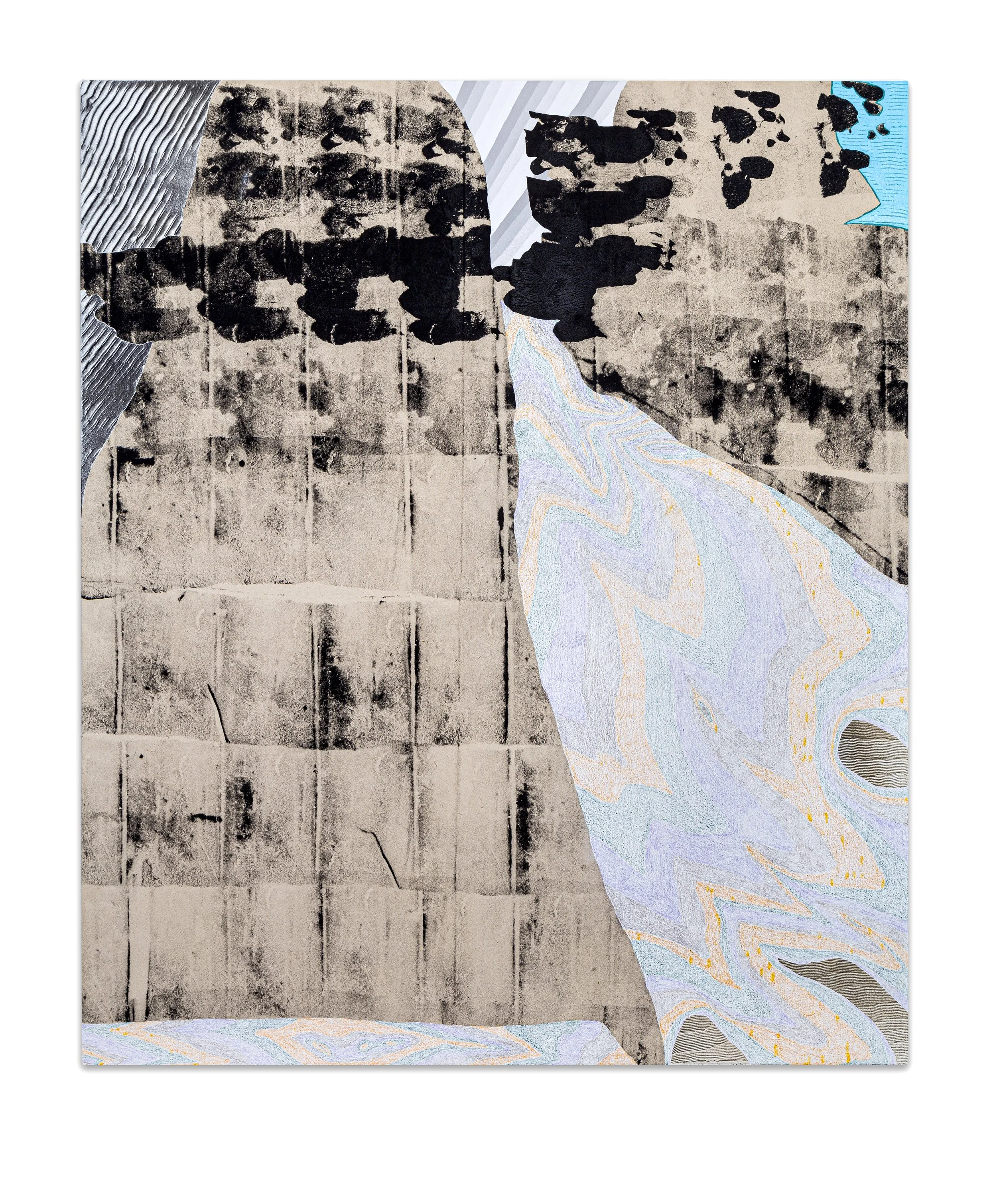 A Different Clock in a Different Place, 2019, Acrylic, colored pencil and spray paint on canvas, 60 in x 50 in