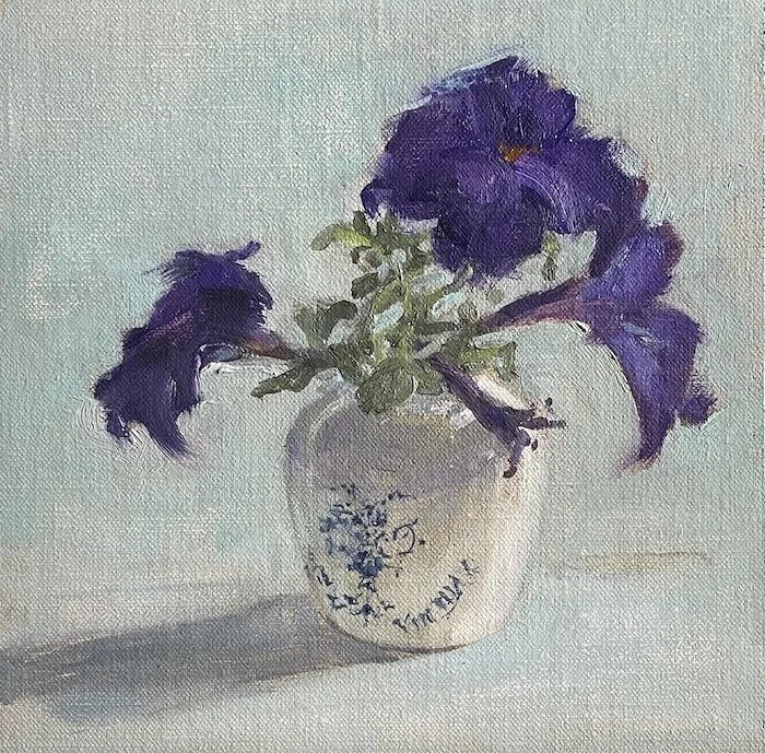 Petunias in Mustard Jar, oil, 8 × 8”