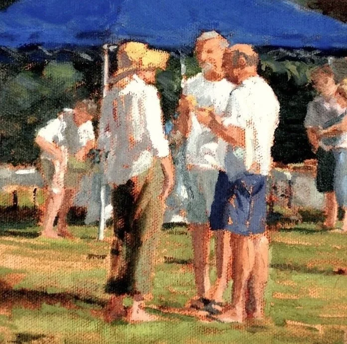  Conversation at the Market, detail, oil, 6 × 6” Sold 