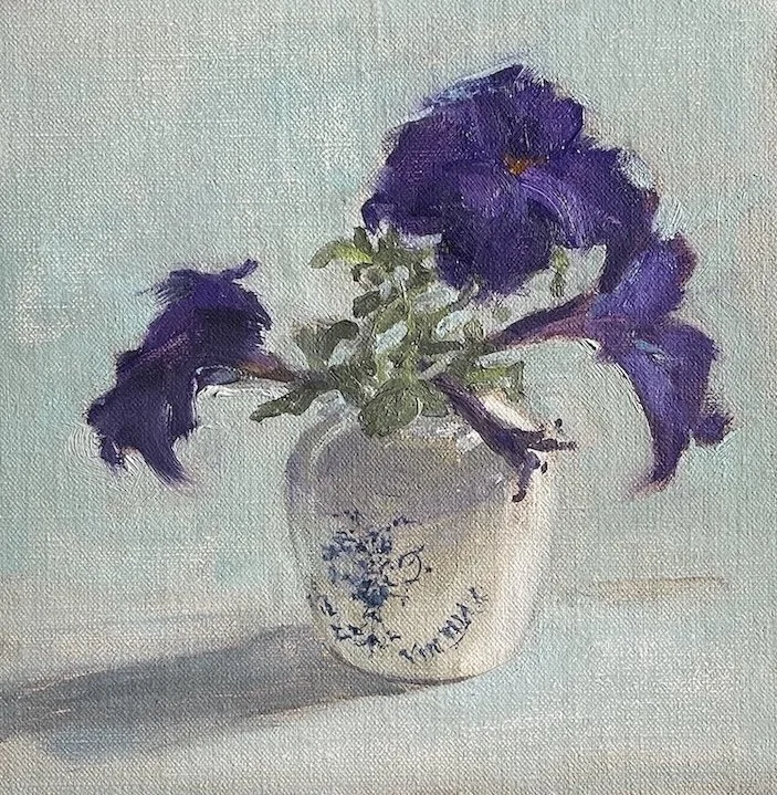  Petunias in a Mustard Jar, Oil, 8 × 8”, Contact McBride Gallery 