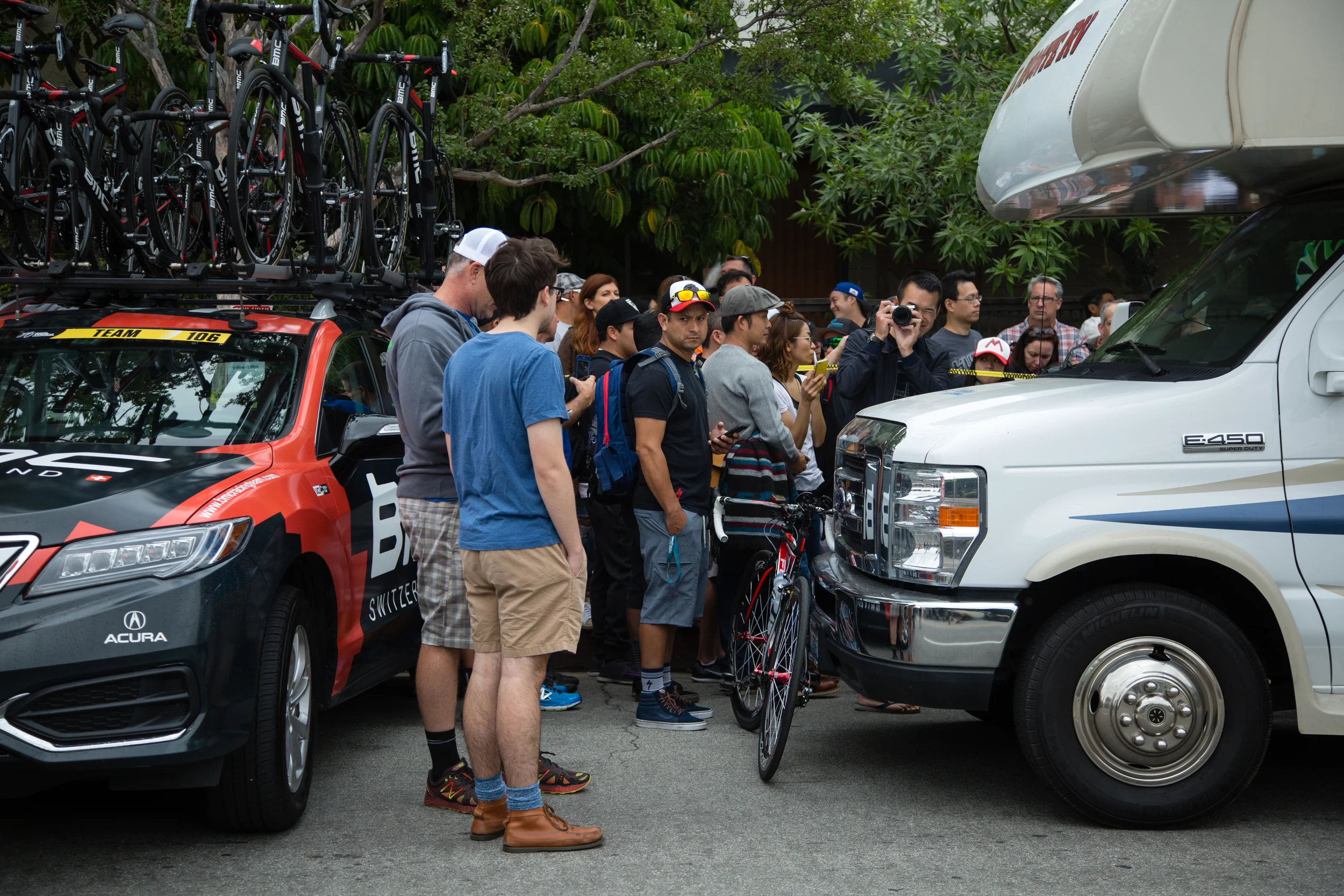 Crowd waits for World Champion Peter Sagan to emerge from the Tinkoff RV.