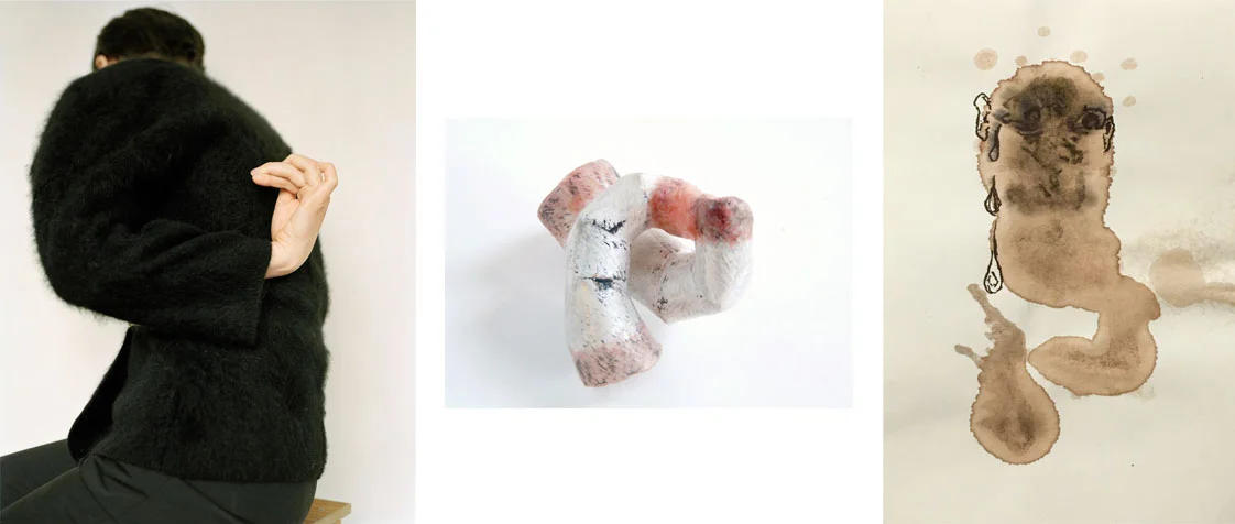 From Left: Ingrid Eggen, Knegang 3 , 2015-16, C-print, 22 1/8 x 27 3/4 inches; Masumi Kataoka, Untitled , 2016, Sterling silver, animal Intestine, and nickel, 2 3/8 x 2 3/8 x 2 3/8 inches; Joseph Whitt, Untitled , 2016, Ink and coffee on paper, 5 1/4 x 3 1/2 inches.