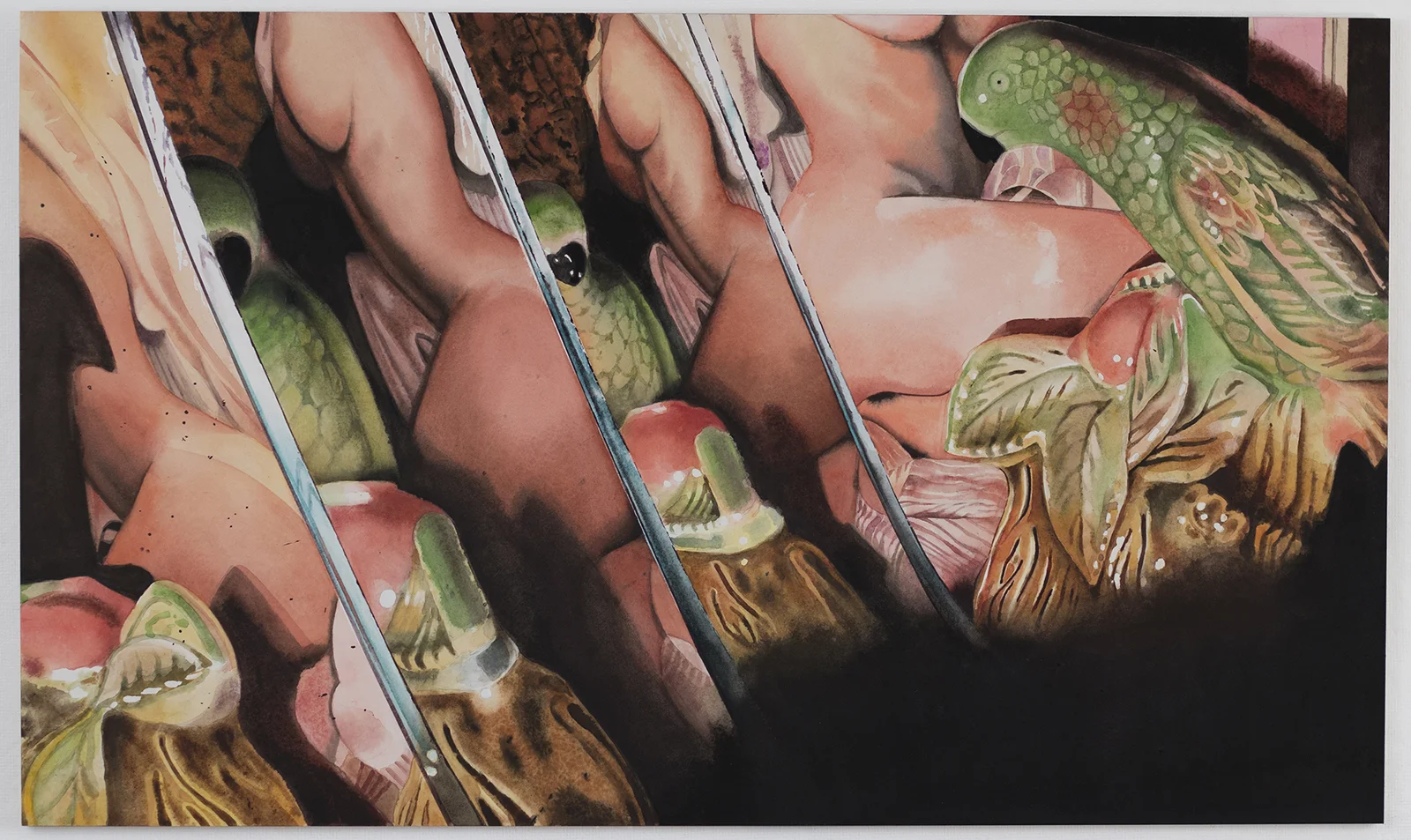 Mamie Tinkler, Parrot with Figure, Four Ways, 2019. Watercolor and gouache on paper mounted on board, 18 x 30 inches / 45.7 x 76.2 cm