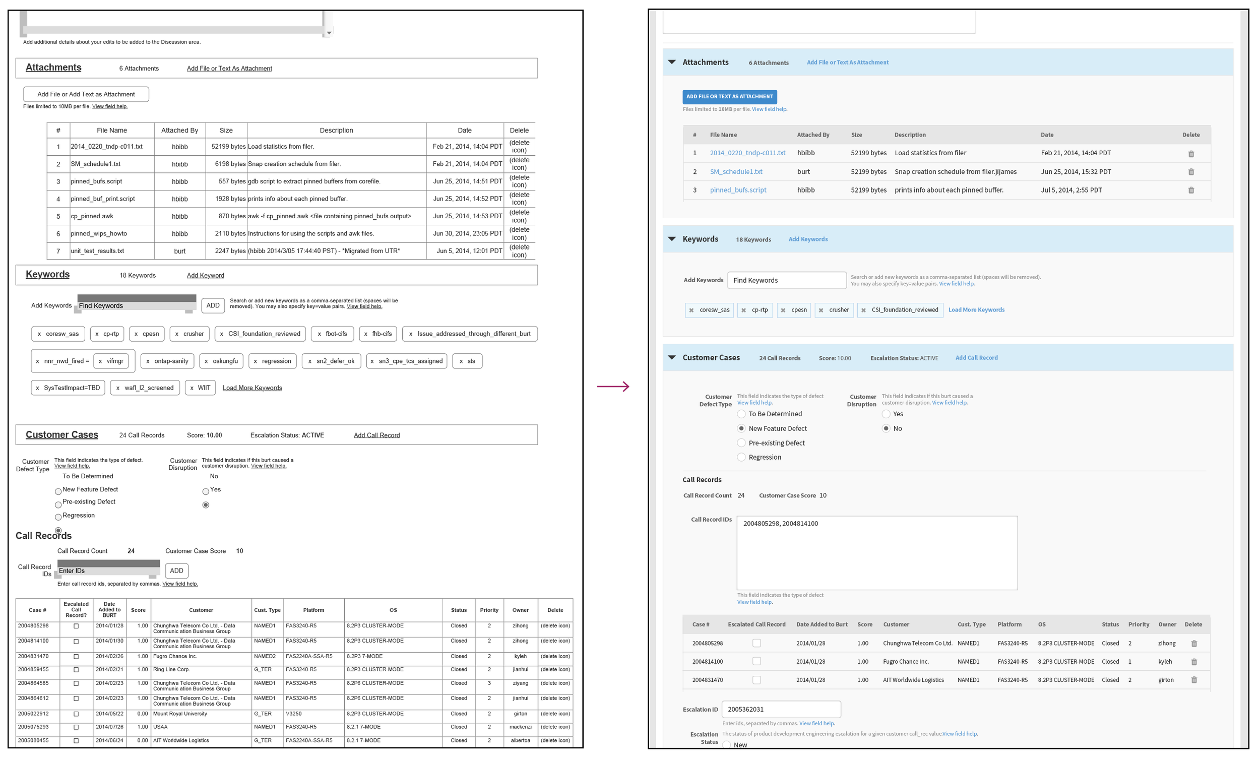 Detail page high fidelity wireframes (left) and visual design reference page (right)