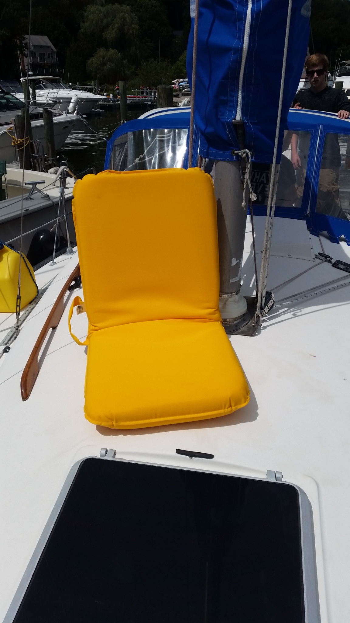 Seat cushion recliner chair adjustable Sunbrella marine fabric internal frame ratchet hinge multi position beach recreation boating sailing rv camping fishing bleacher bleachers rodeo sports sporting hunting soccer baseball football hockey lacrosse cockpit sailboat tailgating