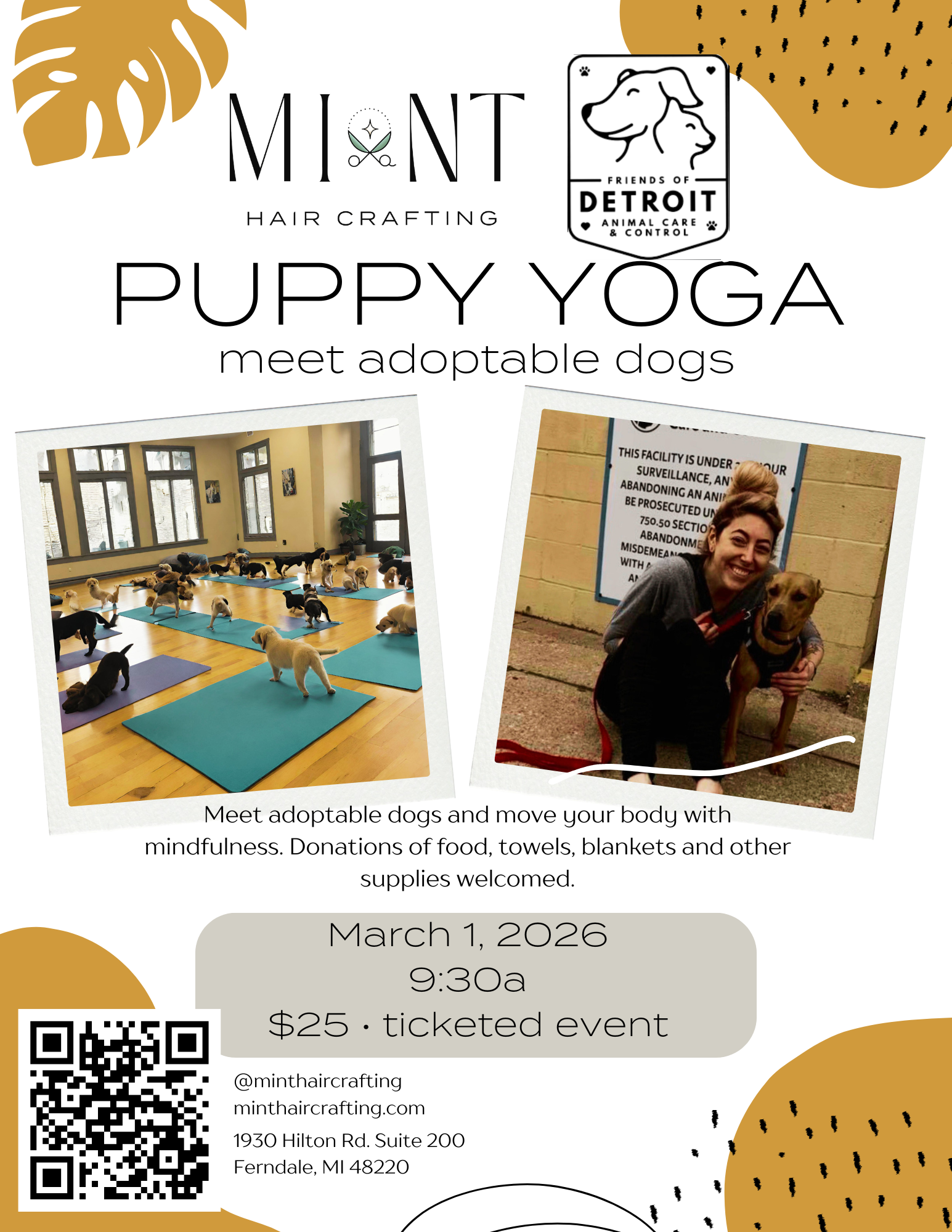 9:30 am Puppy Yoga benefiting Friends of Detroit Animal Care and Control