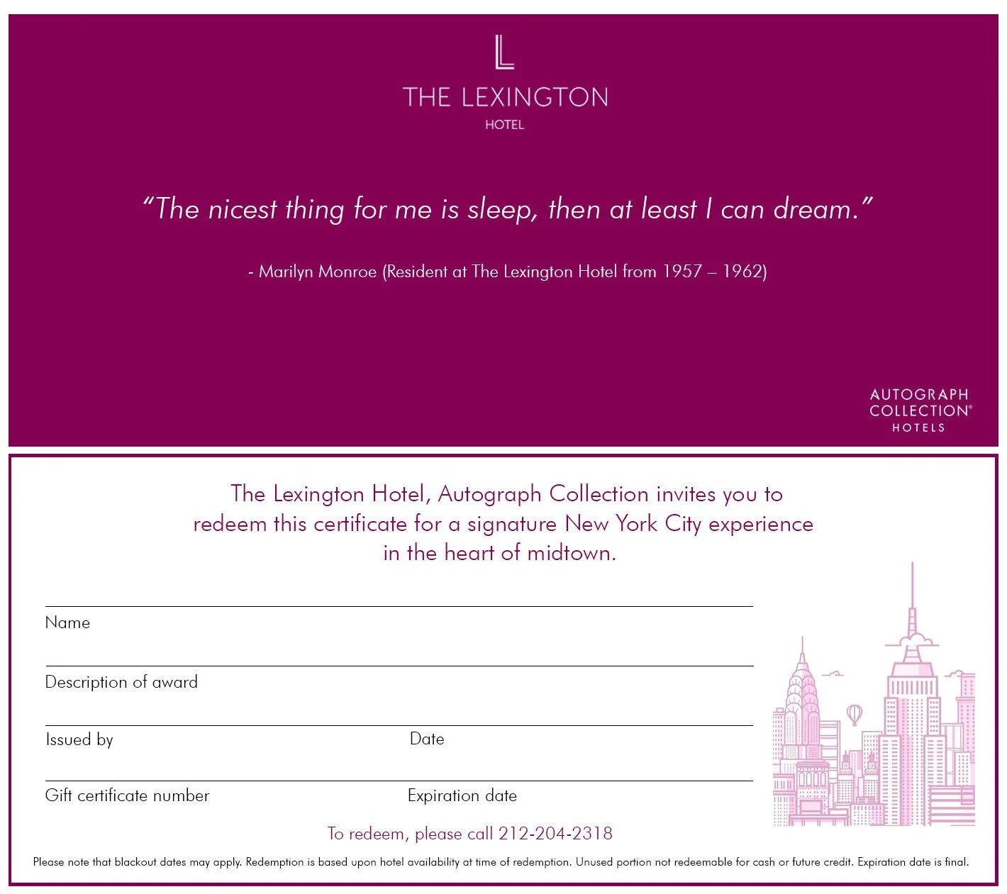 THE LEXINGTON HOTEL - DIGITAL GIFT CERTIFICATE (PDF/FILLABLE)