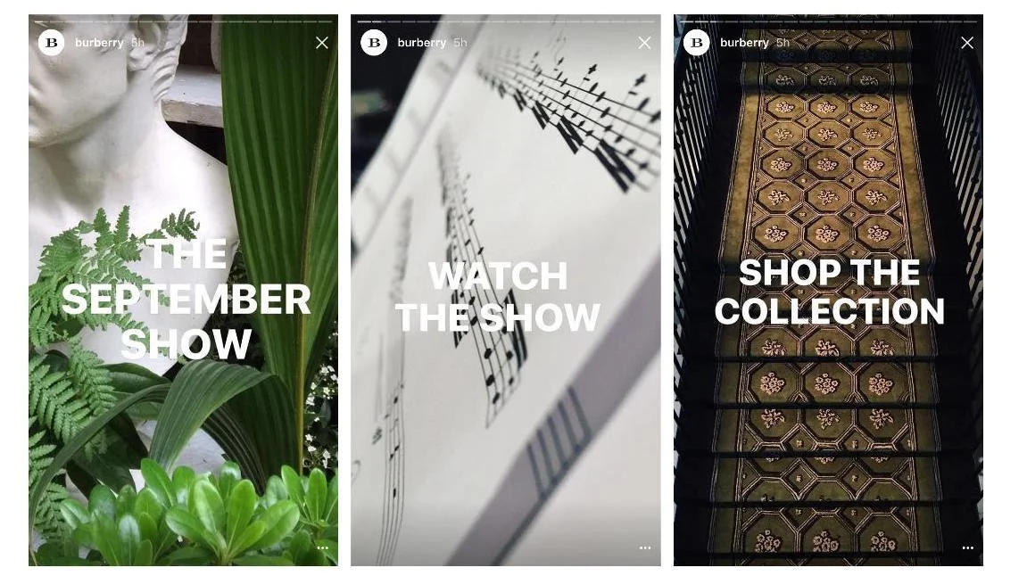 Burberry shares their Fall 2016 collection in real-time on Instagram Stories. Photo Credit: trendalytics