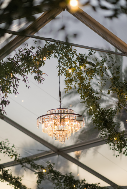Chandelier hanging from ceiling with greenery and string lights inside a glass structure rooftop