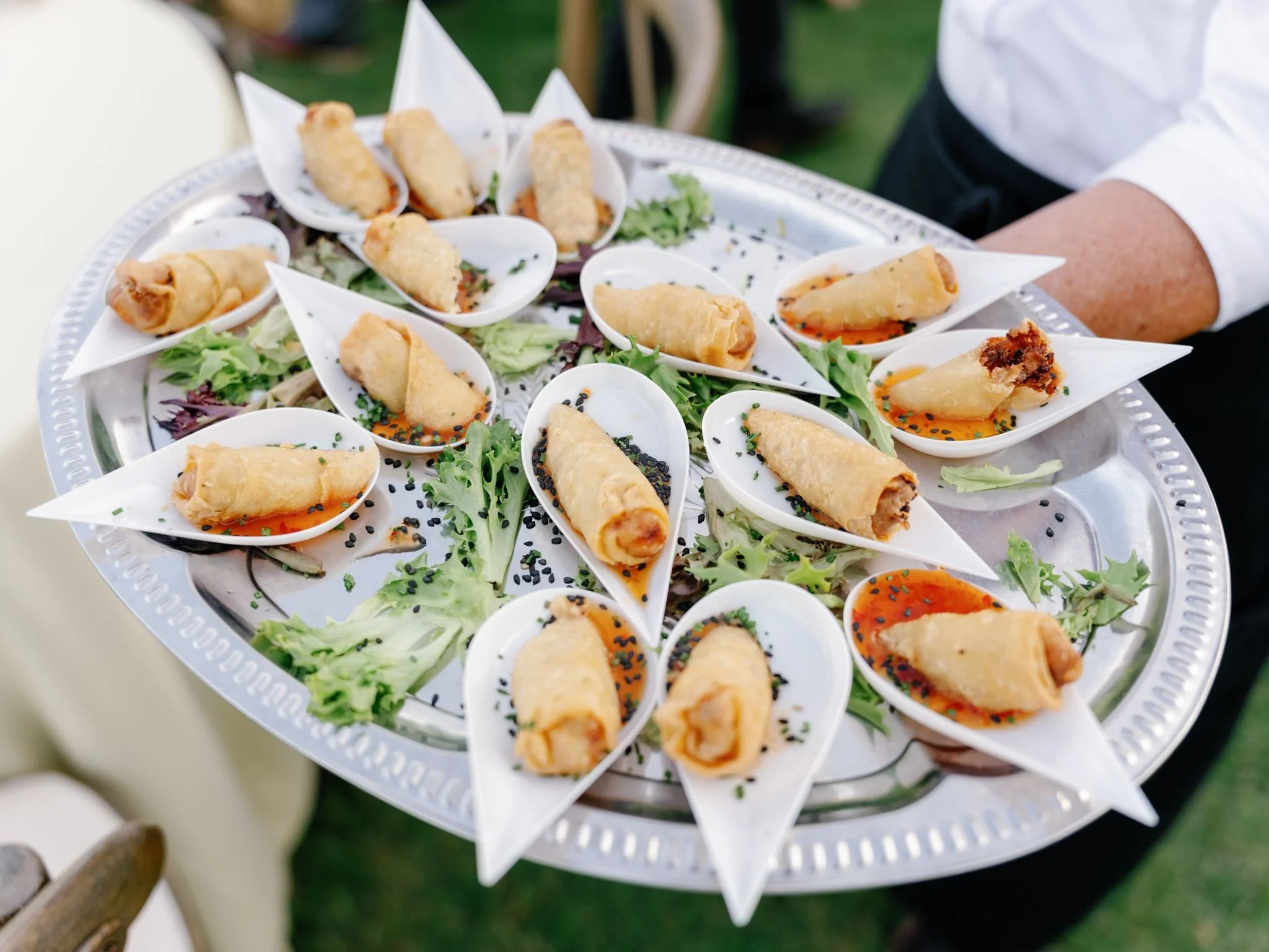 Tray of spring rolls served on small white dishes with greens and black sesame seeds for garnish.