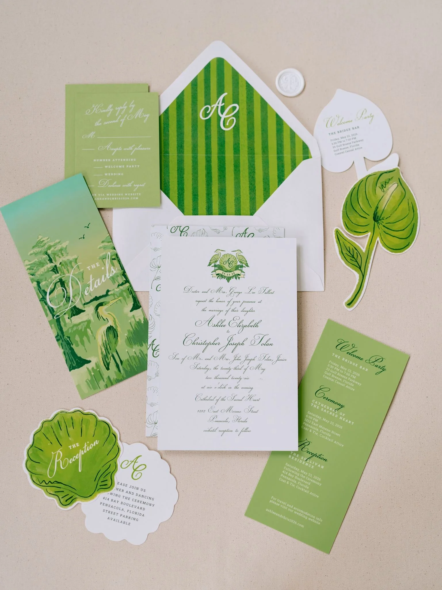 Green-themed wedding invitation stationery including a main invitation, RSVP card, schedule of events, and decorative leaf and vine illustrations on a beige background.