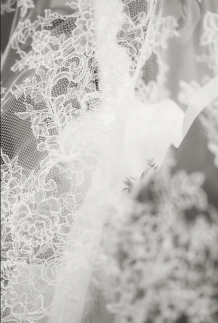 Close-up of lace fabric on a wedding dress.