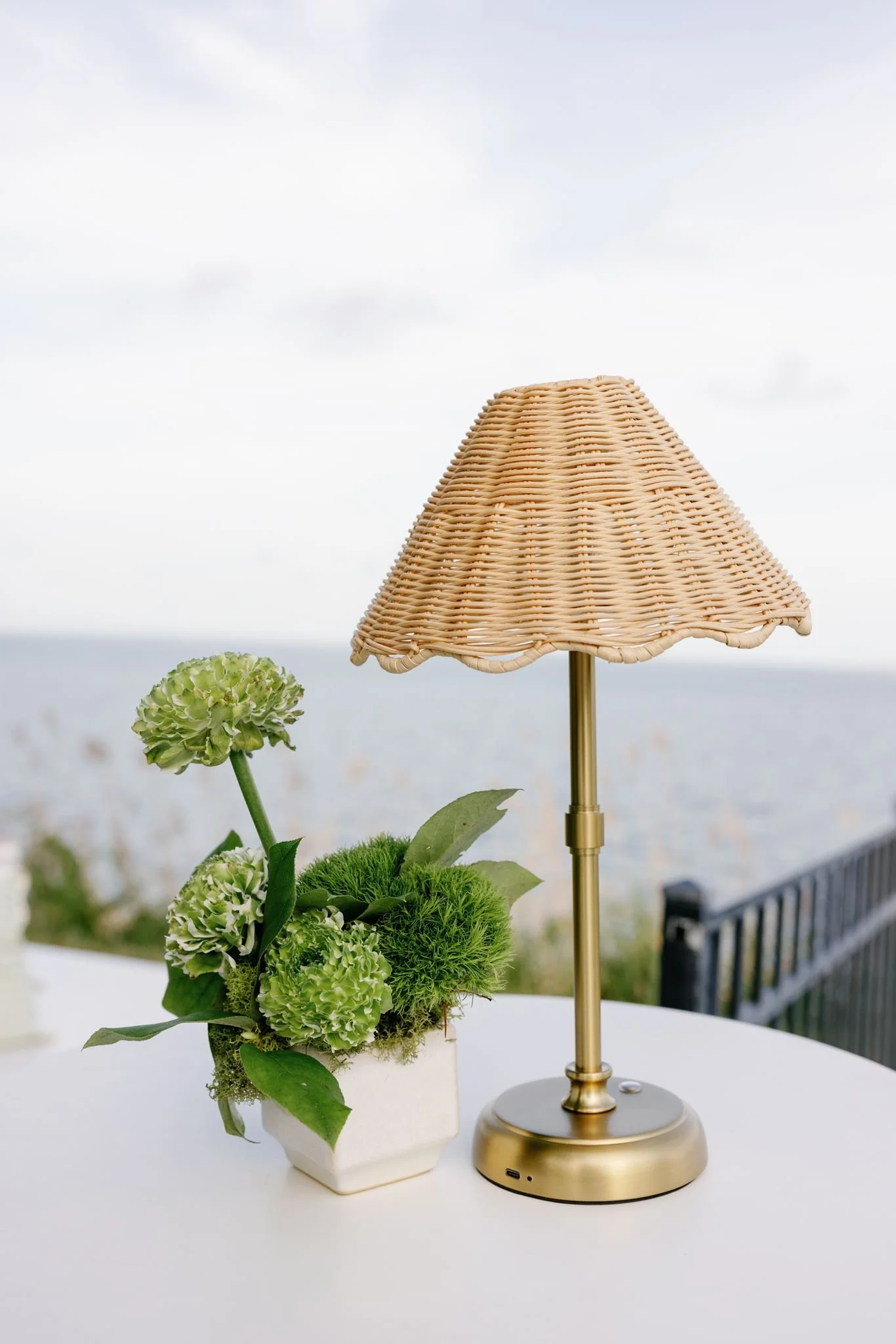 A small table with a potted plant of green hydrangeas and greenery, and a gold table lamp with a woven beige shade, outdoors with a cloudy sky in the background.
