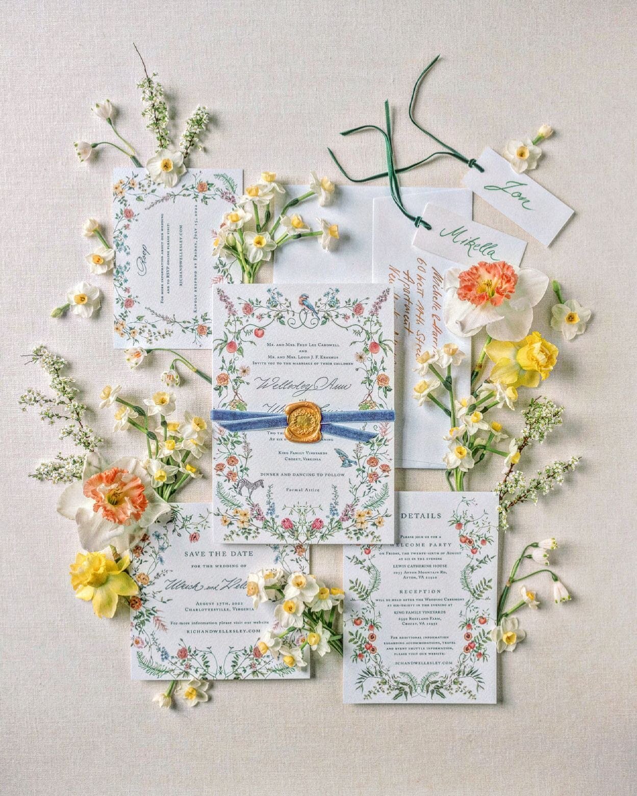 Custom invitations for the lovely Wellesley and Ulrich - with subtle personal elements like the zebra for the groom&rsquo;s South African background and blue birds for the bride&rsquo;s father who loves them but had to stop feeding them as the seeds 