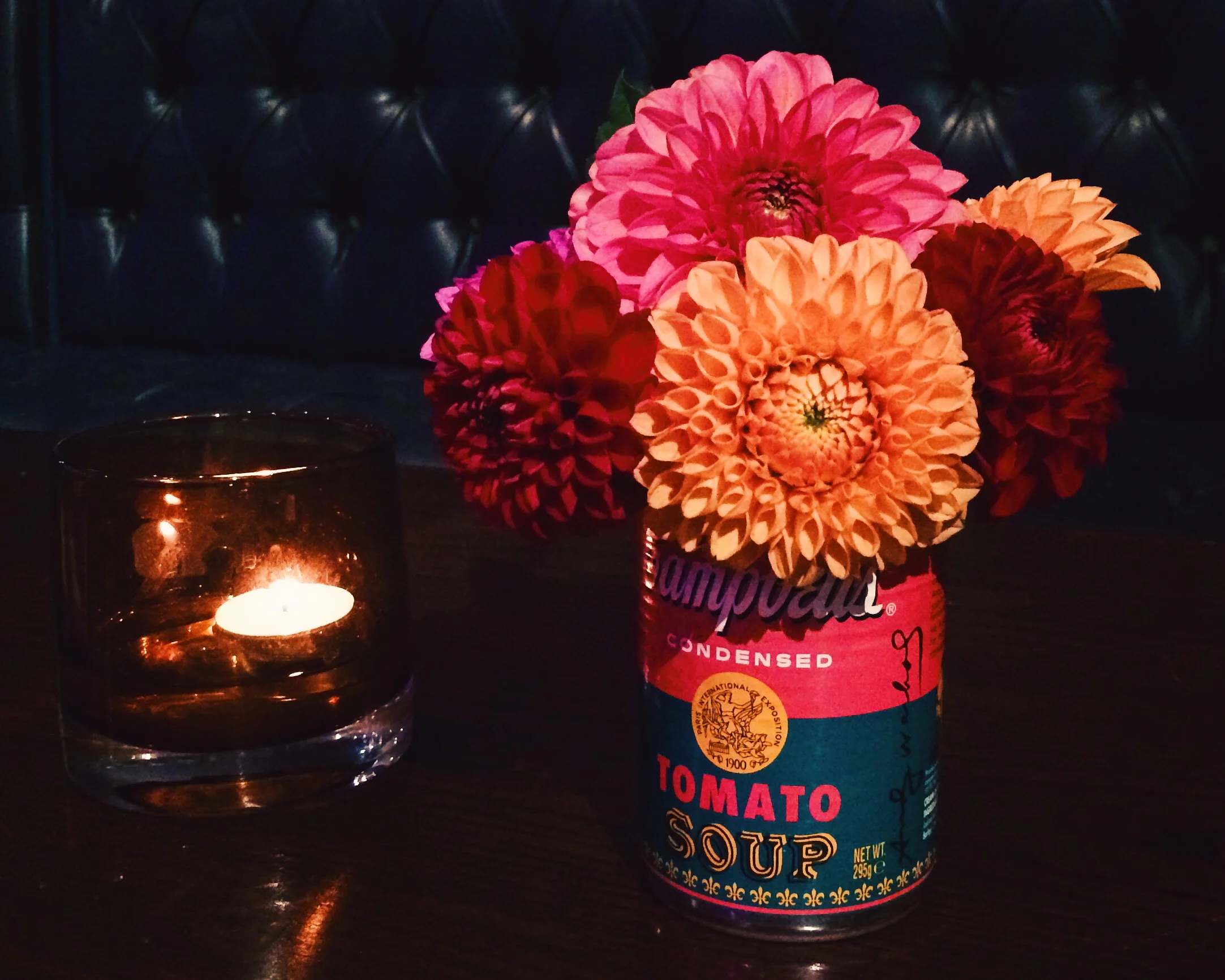 These Pompom Dahlias were a display that I put together for a friend's 60's style wedding in special edition Warhol empty soup tins.