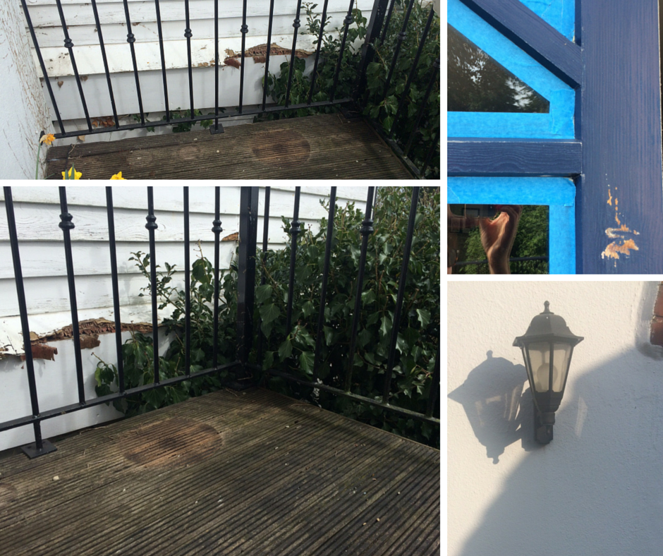 The before in all its 'glory', with its weathered decking and door, ivy root walls, paint splattered old lamp and wood rot.