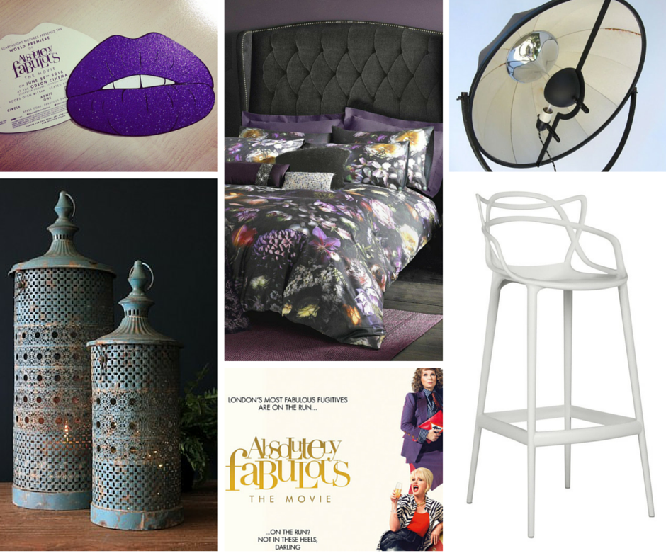 Clockwise from top: The premiere invite of glittery purple lips, bed linen by Ted Baker, the Pallucco floor lamp, Kartell bar stool, the official Ab Fab movie poster, Rockett St George lanterns.