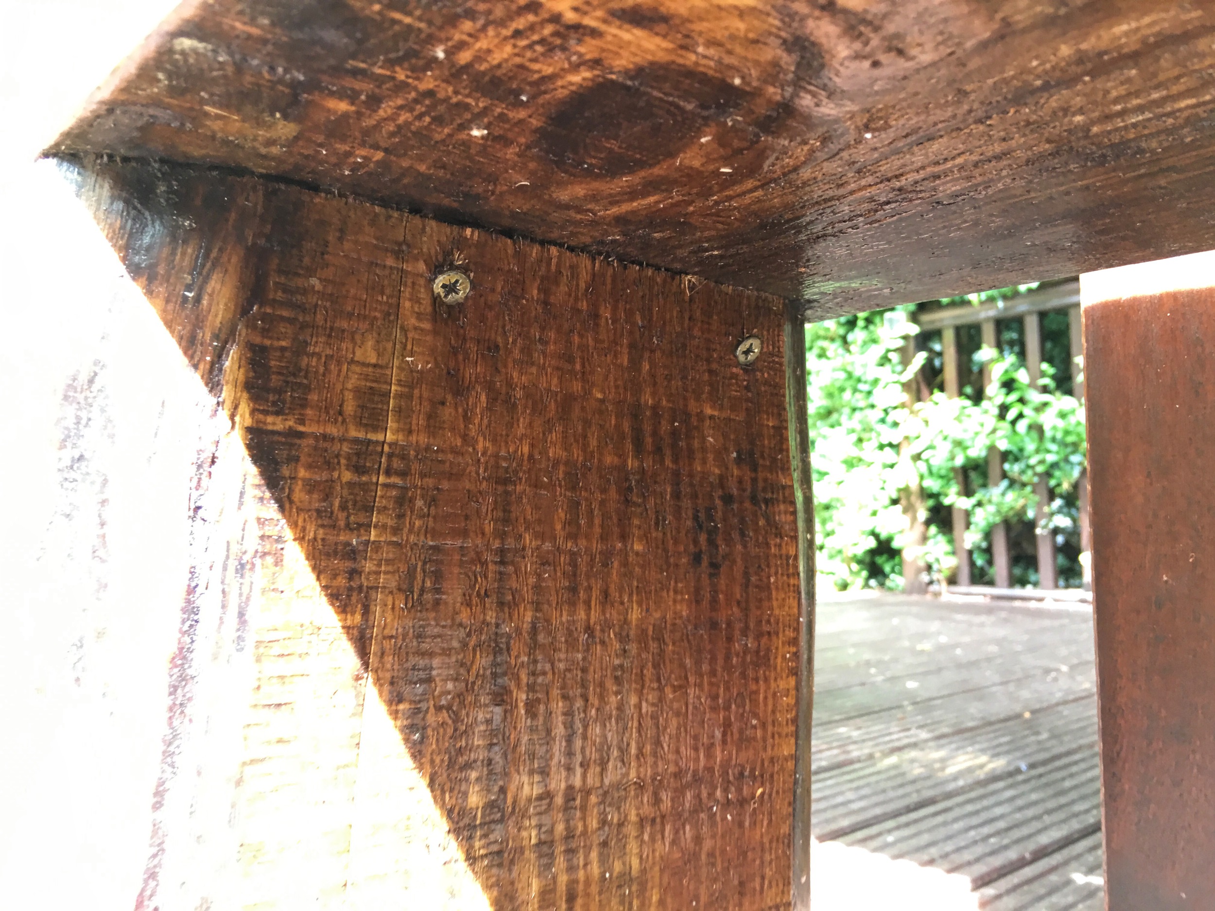 Stick the legs on with wood glue and secure with really long screws drilled at an angle from the top of the legs into the seat.