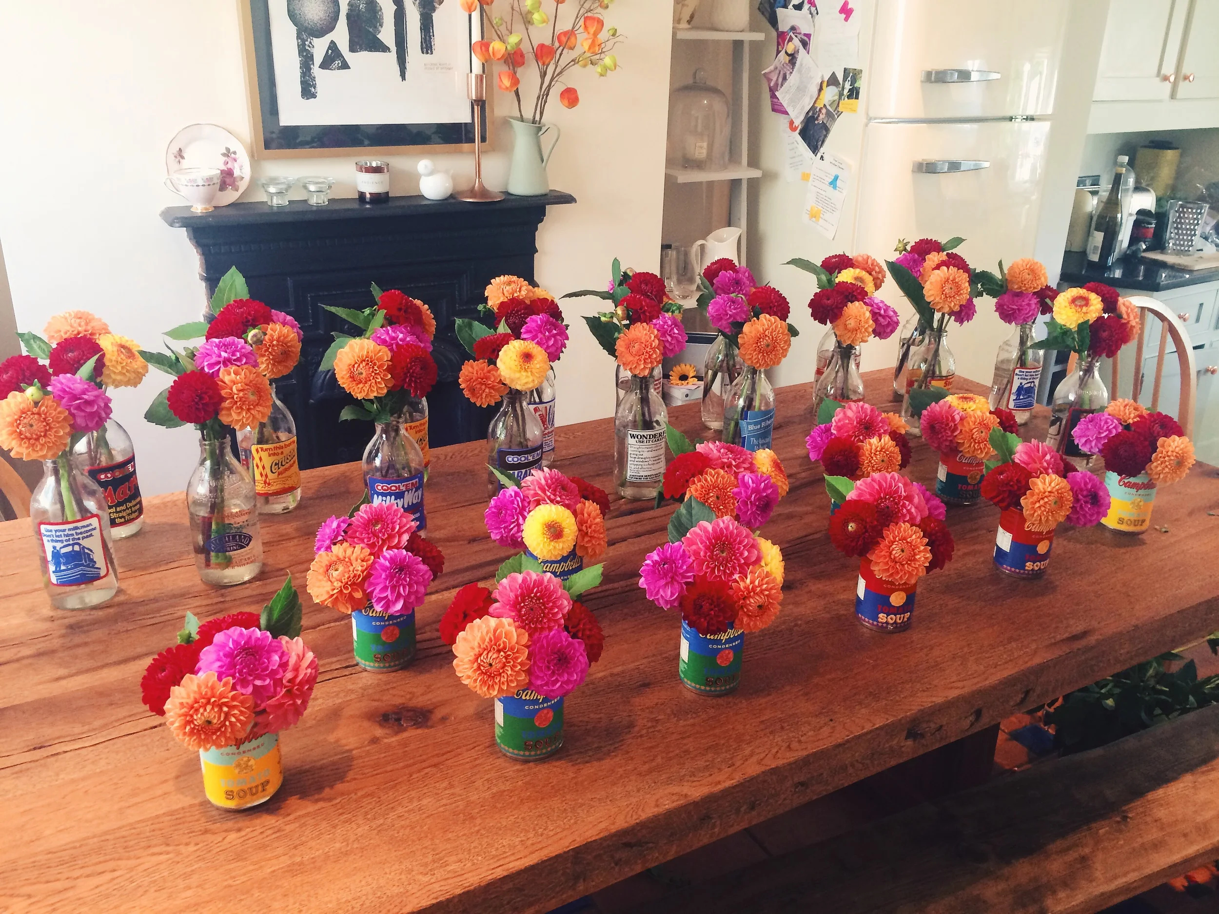 The pom pom dahlia's are so vibrant and worked well with the Pop Art soup cans - here they all are after being put together in my kitchen!