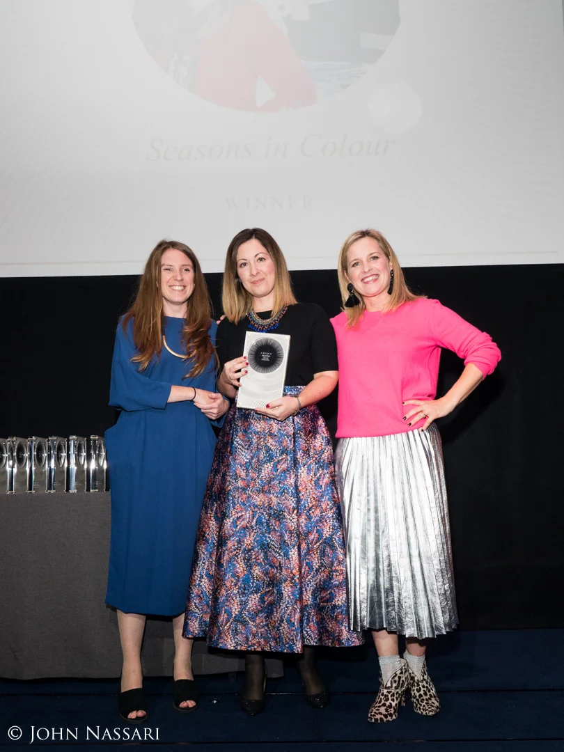 Jenny of Seasons In Colour with presenter Sophie Robinson and Farrow & Ball sponsor and judge Charlotte Cosby. Photo by John Nassari.