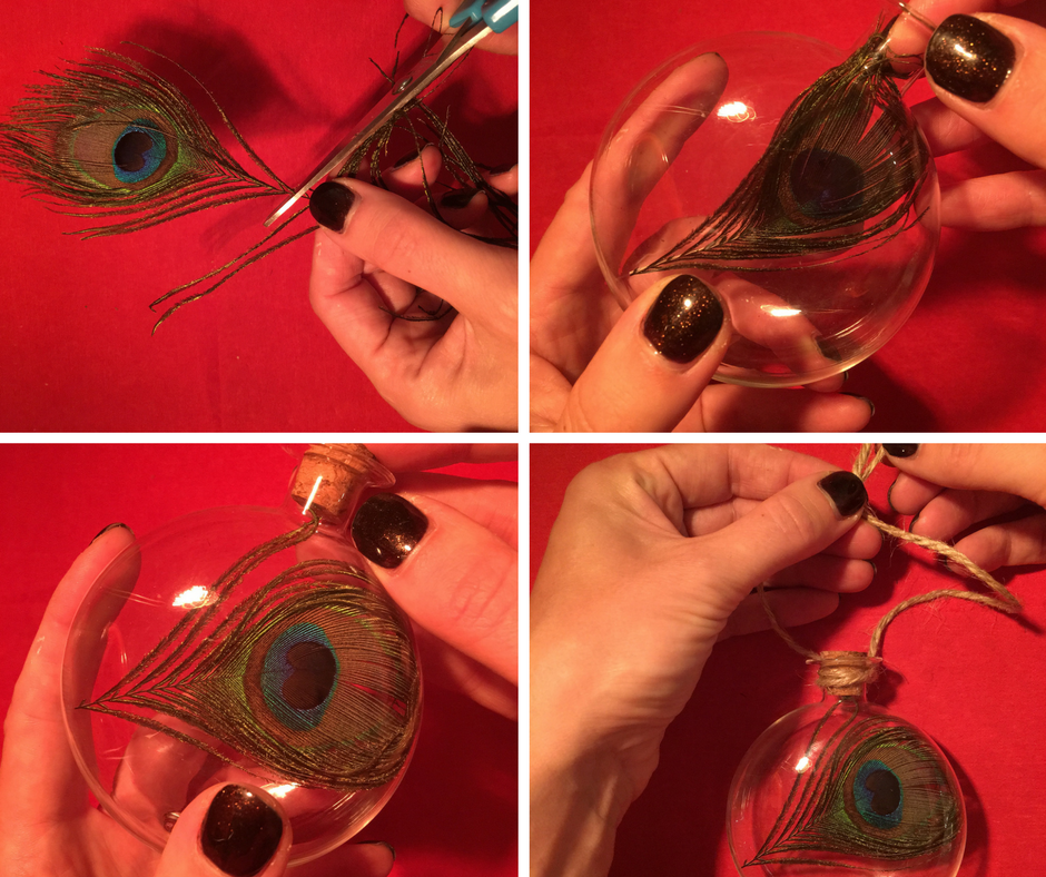 Cut away the long stem on a peacock feather so that it fits in the glass bottle nicely.