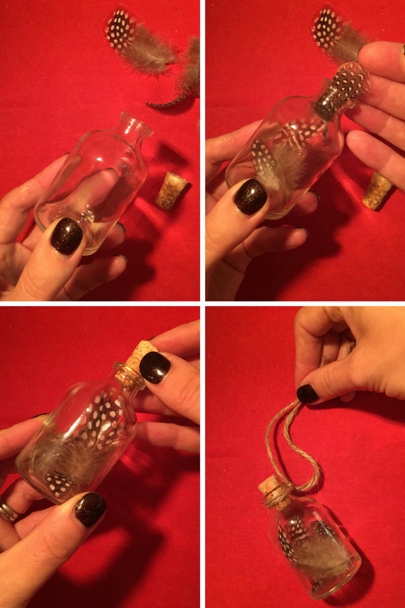 Simply pop some feathers in the bottle, put the cork back in, then tightly tie some twine around the bottle lips so it can be hung from the tree.