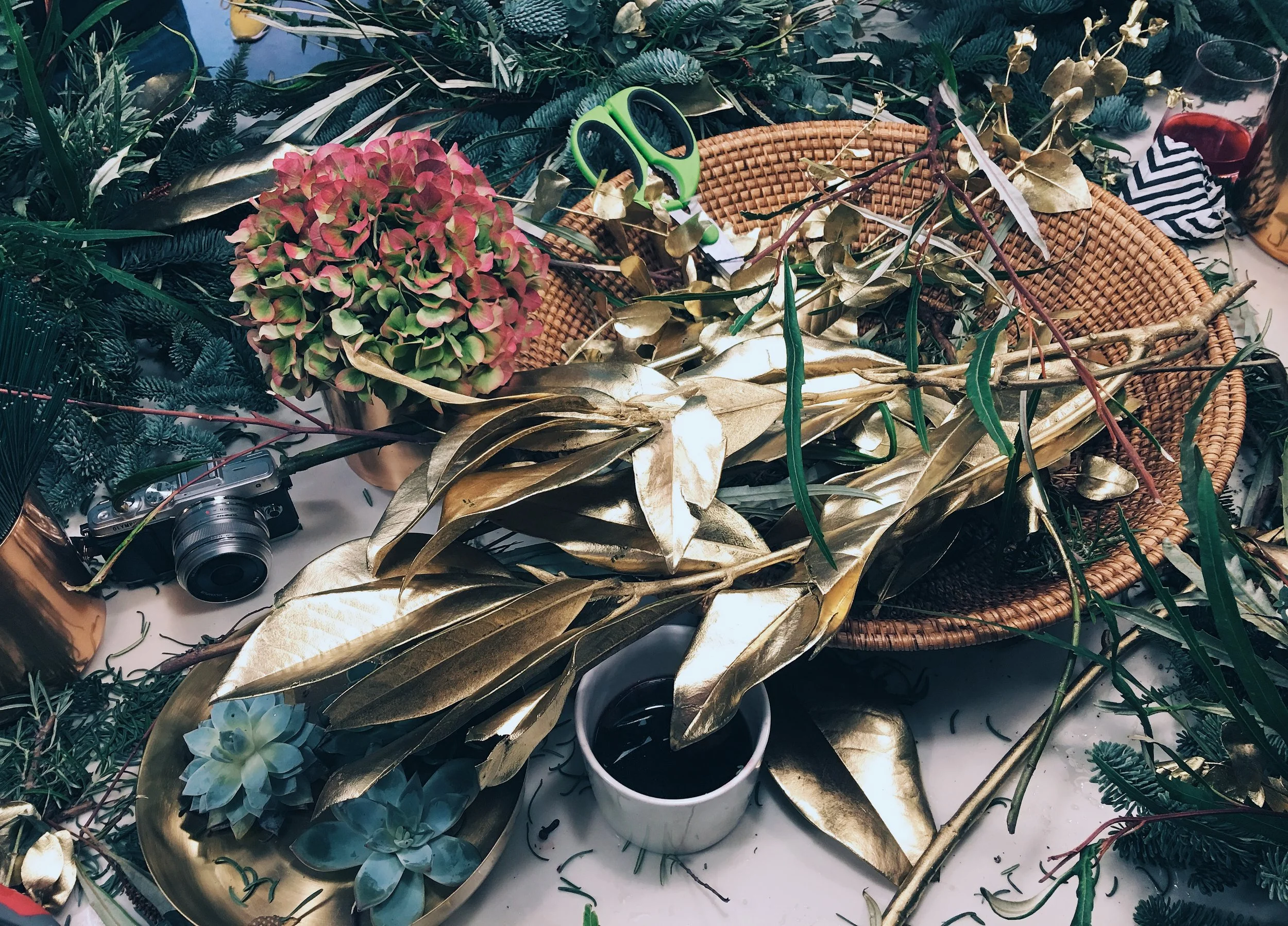 These are magnolia leaves dip-dyed in gold paint.