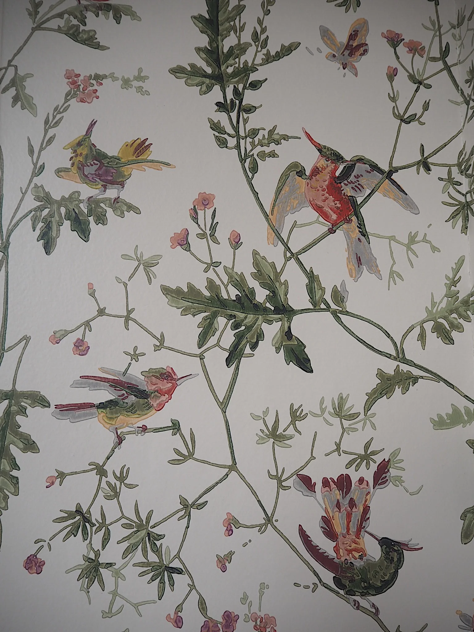 The wallpaper I put up in my bathroom is called 'Hummingbirds' by Cole & Son. You can buy it here.