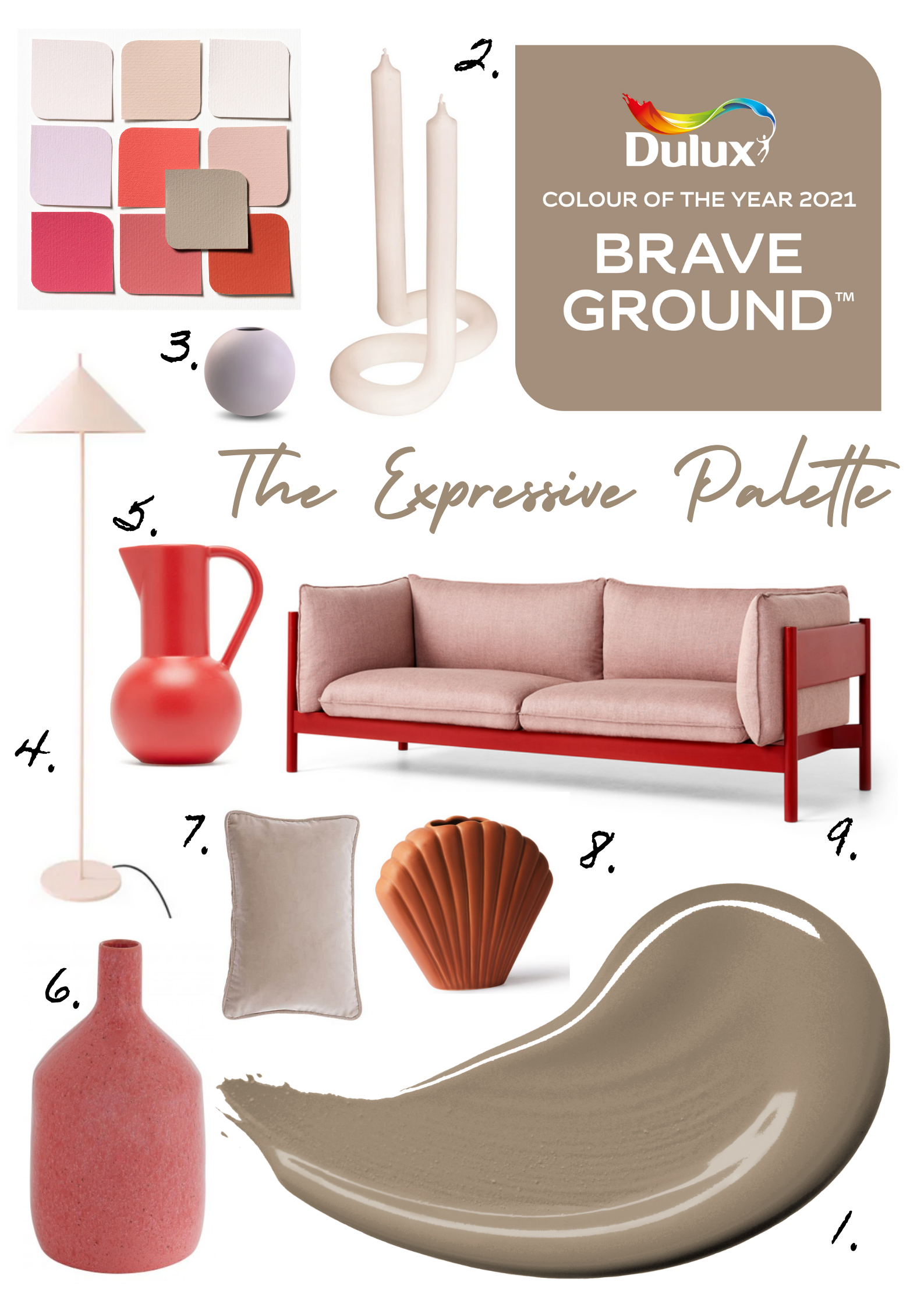 How I would decorate a room with the Expressive Palette! 1. Brave Ground by Dulux. 2. Lex Pott twist candle in peach via Trouva 3. 10cm lilac vase by Cooee via Nordic Nest. 4. HK Living nude lamp via Trouva 5. Large Strom Jug in red via W.A.Green 6.…