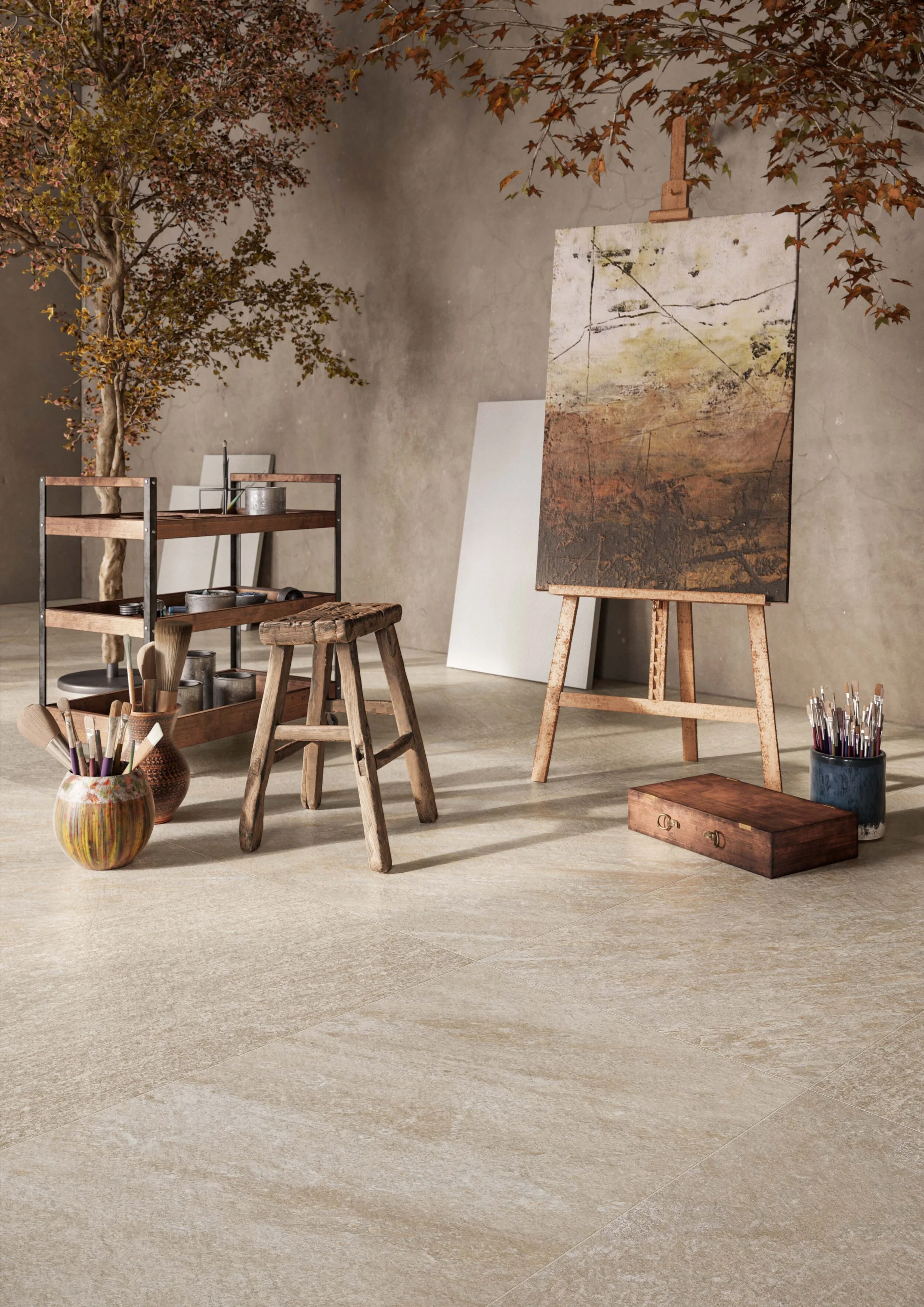 The sandy shades of Petra Bianca on the floor perfectly complement the autumnal colours in this artisan space.