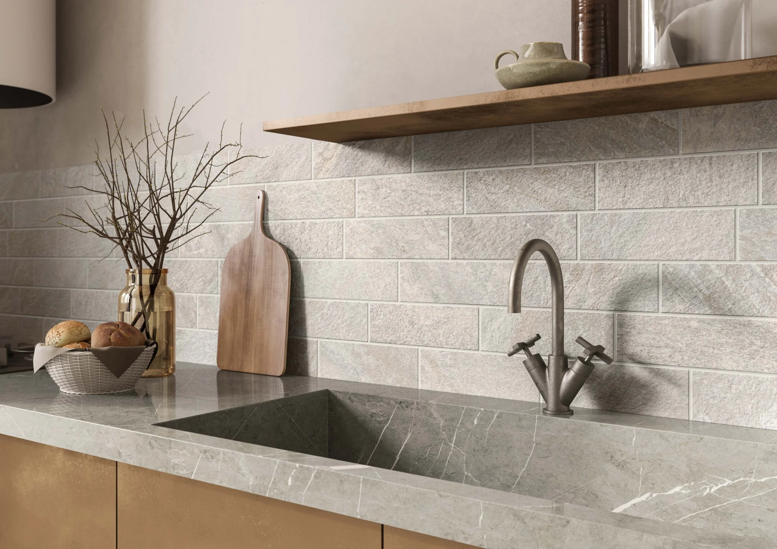 Worktop covering: Petra Perla;  Splashback: Petra Perla Brick Decoration.