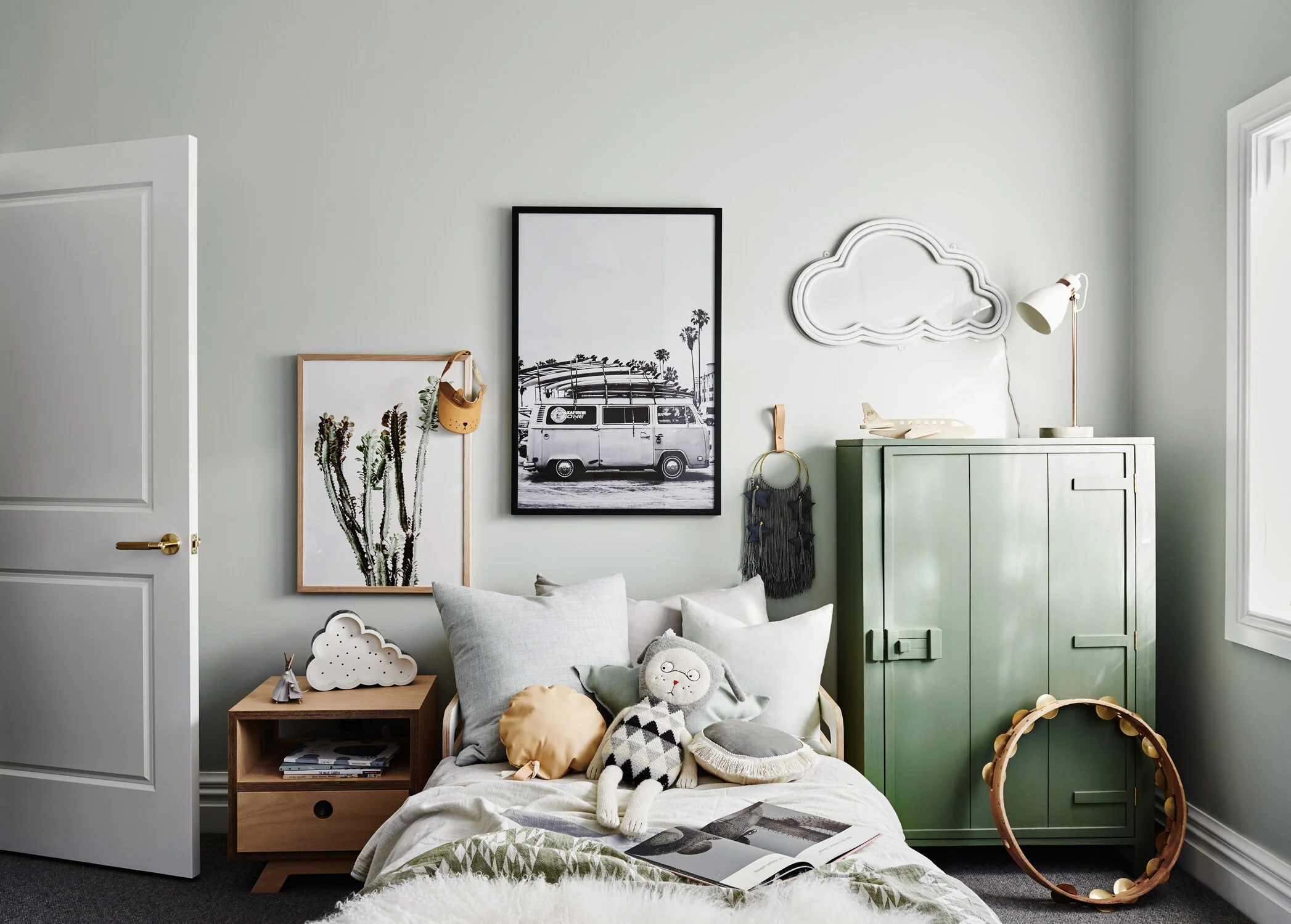 Green is agreat colour for a gender neutral bedroom. This wall colour is Spanish Olive by Dulux. Image credit: norsu interiors.
