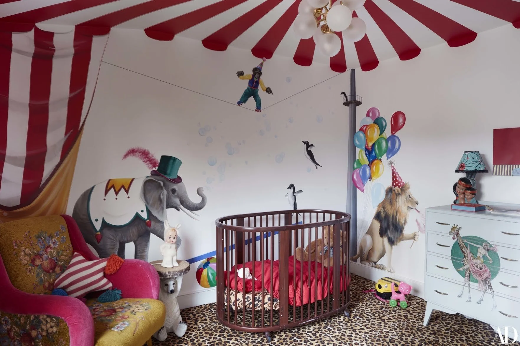 This circus top painted ceiling was created by Anna Starling in the home of the artist Paloma Faith. Image credit: AD.