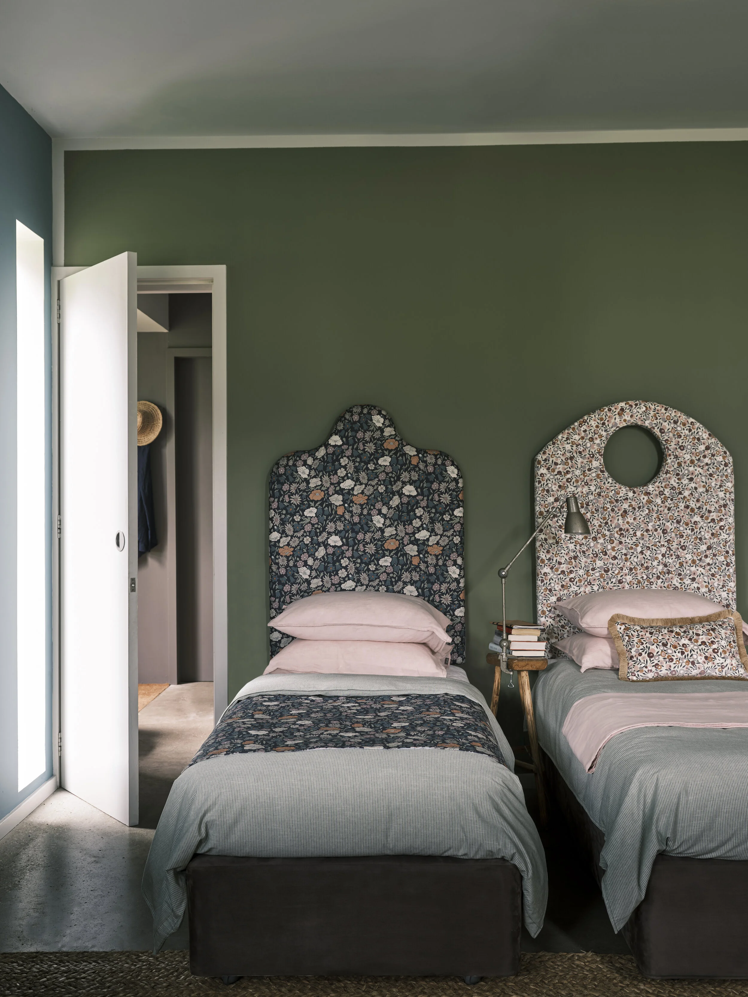 F&amp;B Paint Colour: Olive; Liberty Fabric: Poppy Meadowfield, Pewter Blue and Wiltshire Blossom. Image Credit: Farrow &amp; Ball.
