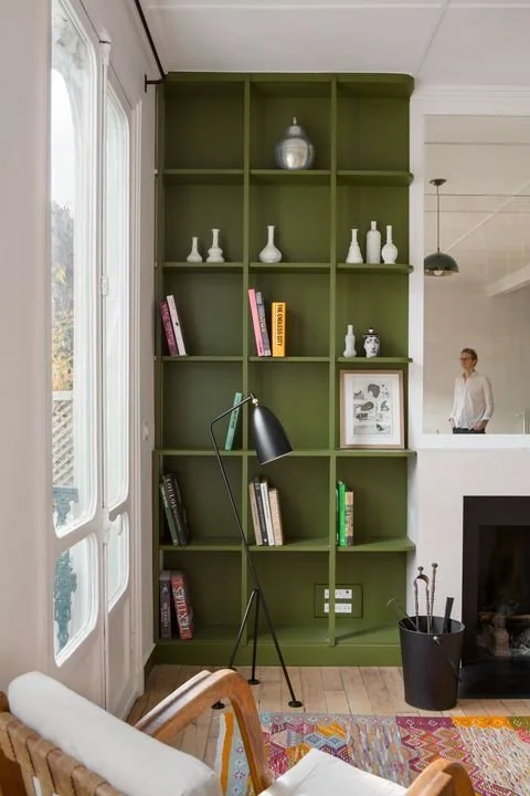 bold green built in bookcase