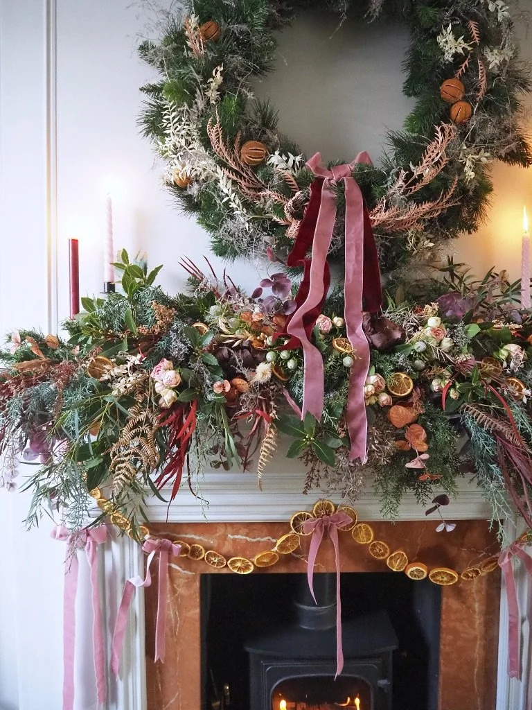 christmas fireplace garland pink bow