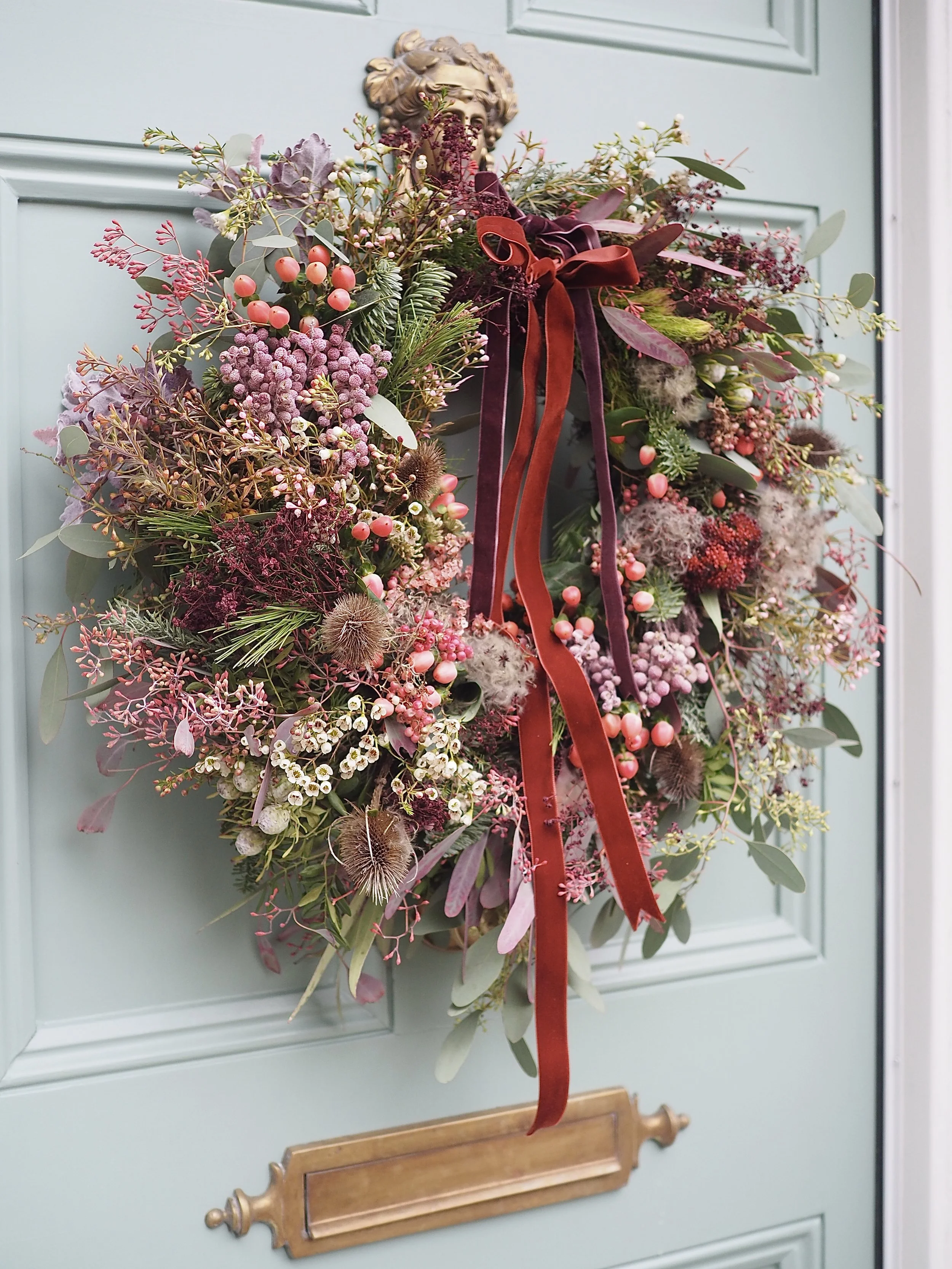 pink and red Christmas door wreath