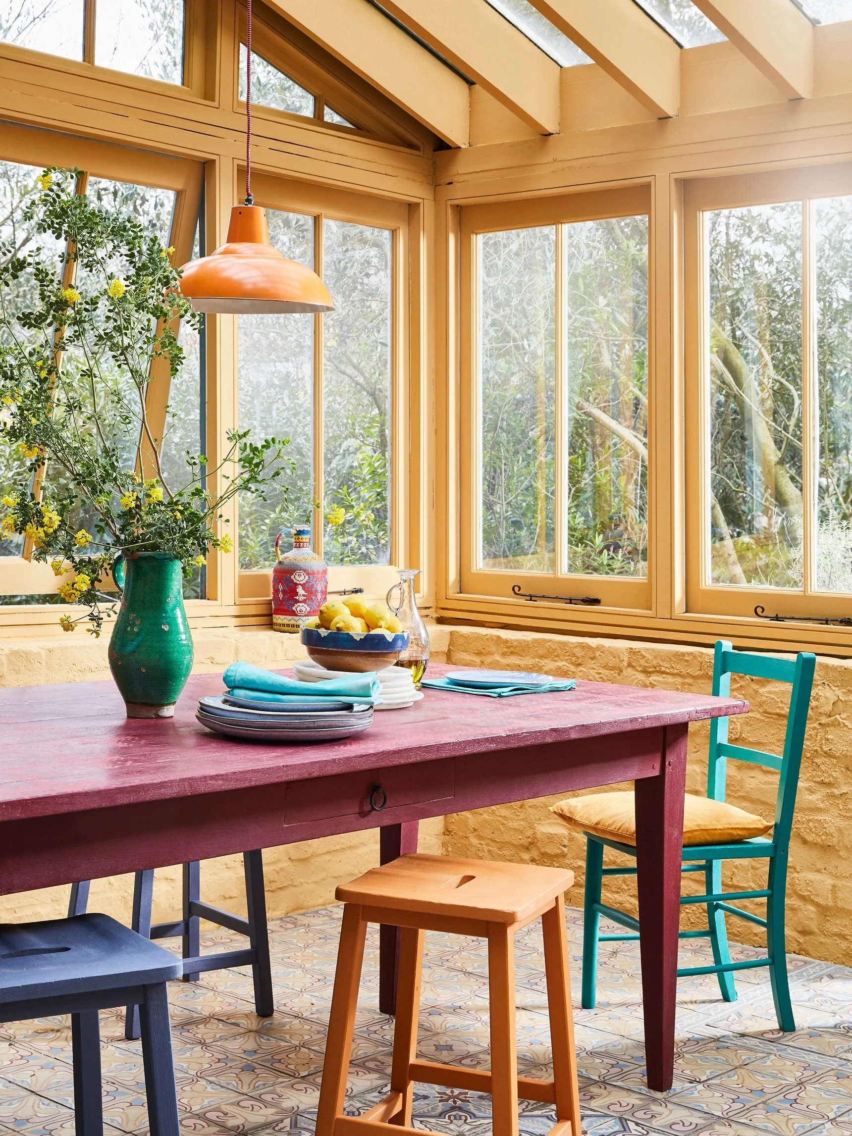 Annie Sloan  Sunroom  Chalk Paint in ArlesTable in Burgundy and Emperor's Silk with Tallulah stencil  Lifestyle  Portrait.jpg