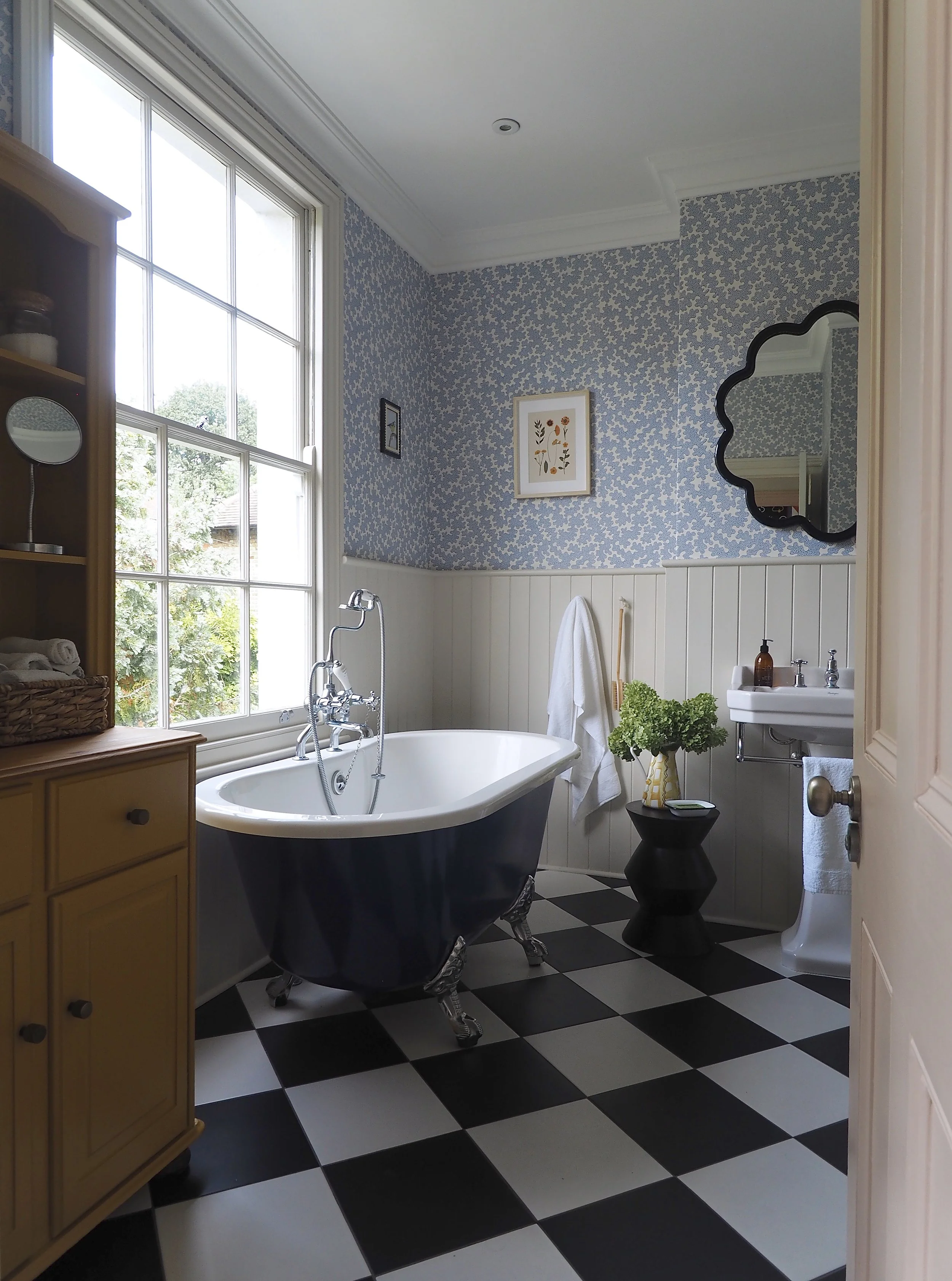 Blue Bathroom Makeover With Chequerboard Floor