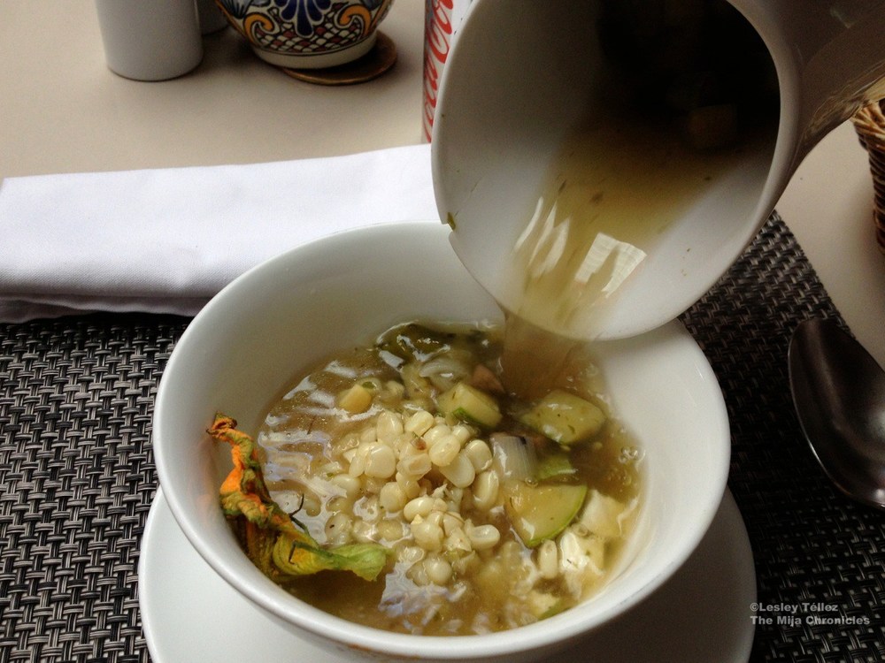 Sopa de milpa — corn, squash, and squash blossoms — at a restaurant in Puebla.