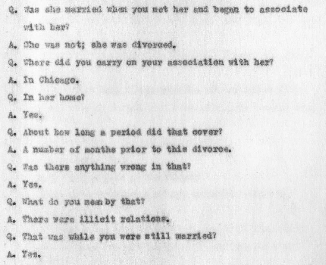 February 1928 insanity hearing transcript — George Remus answers questions about his early days with Imogene — “illicit relations”