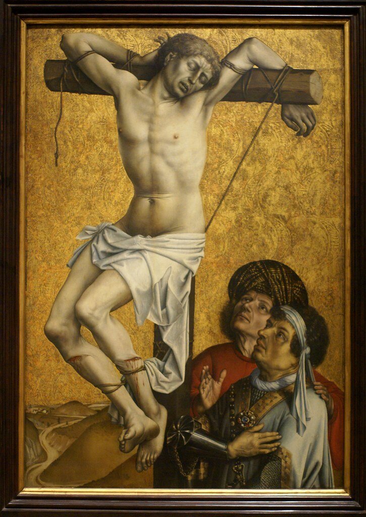 Triptyque de la Descente de croix, laron a╠Ç gauche de Je╠üsus par Robert Campin 1430.jpg